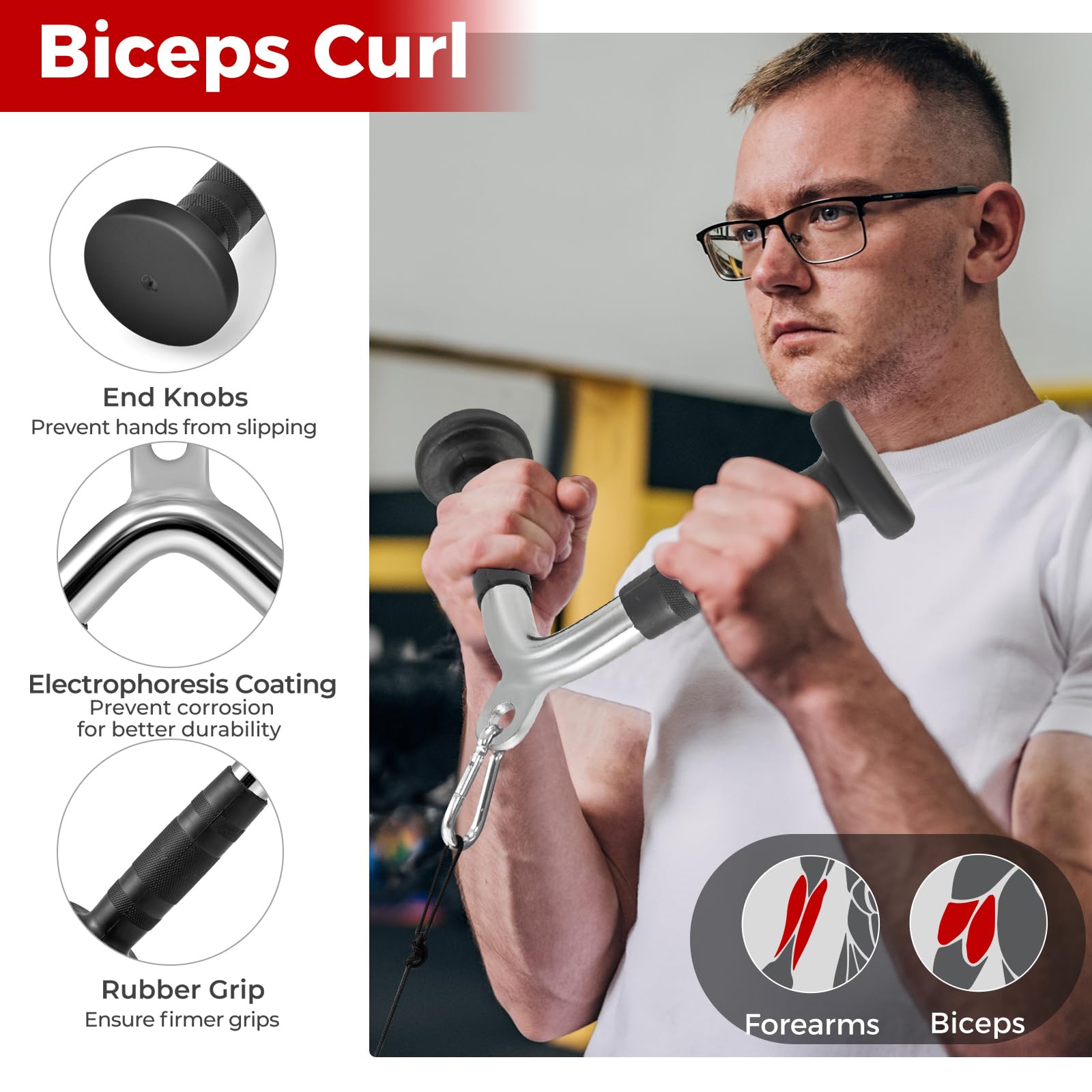 KOMFOTTEU 4 Accessori per Macchina a Cavi, Impugnature Palestra Set Multifunzione con Corda per Tricipiti, Triangolo Pulley per Palestra, Maniglia a V, Barra Tricipiti Dritta, Allenamento in Gym