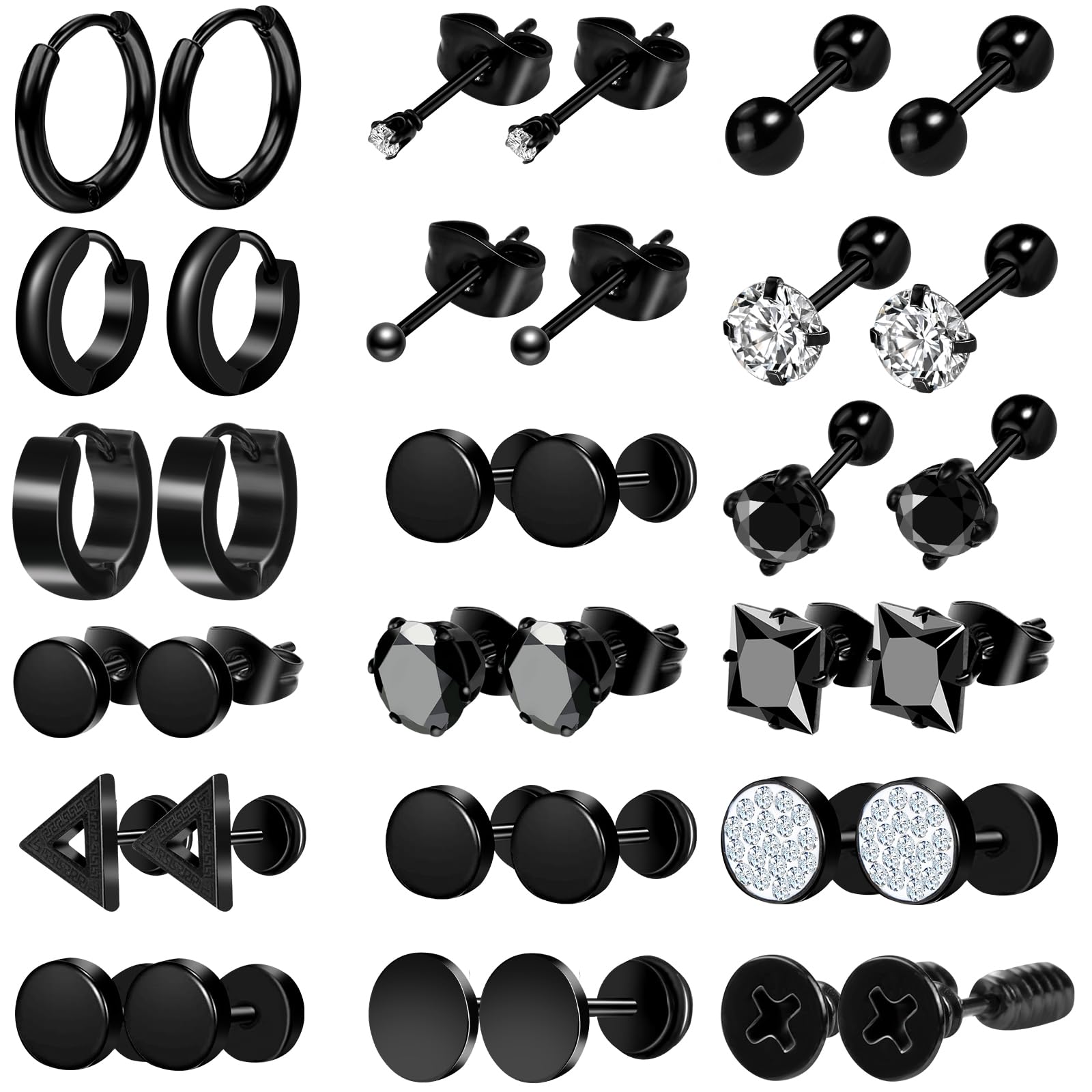 ONESING 12/18 Pcs Mens Earrings Black Earrings for Men Stainless Steel Earrings Piercing Jewelry Stud Hoop Punk Earrings Set Black - 18PCS