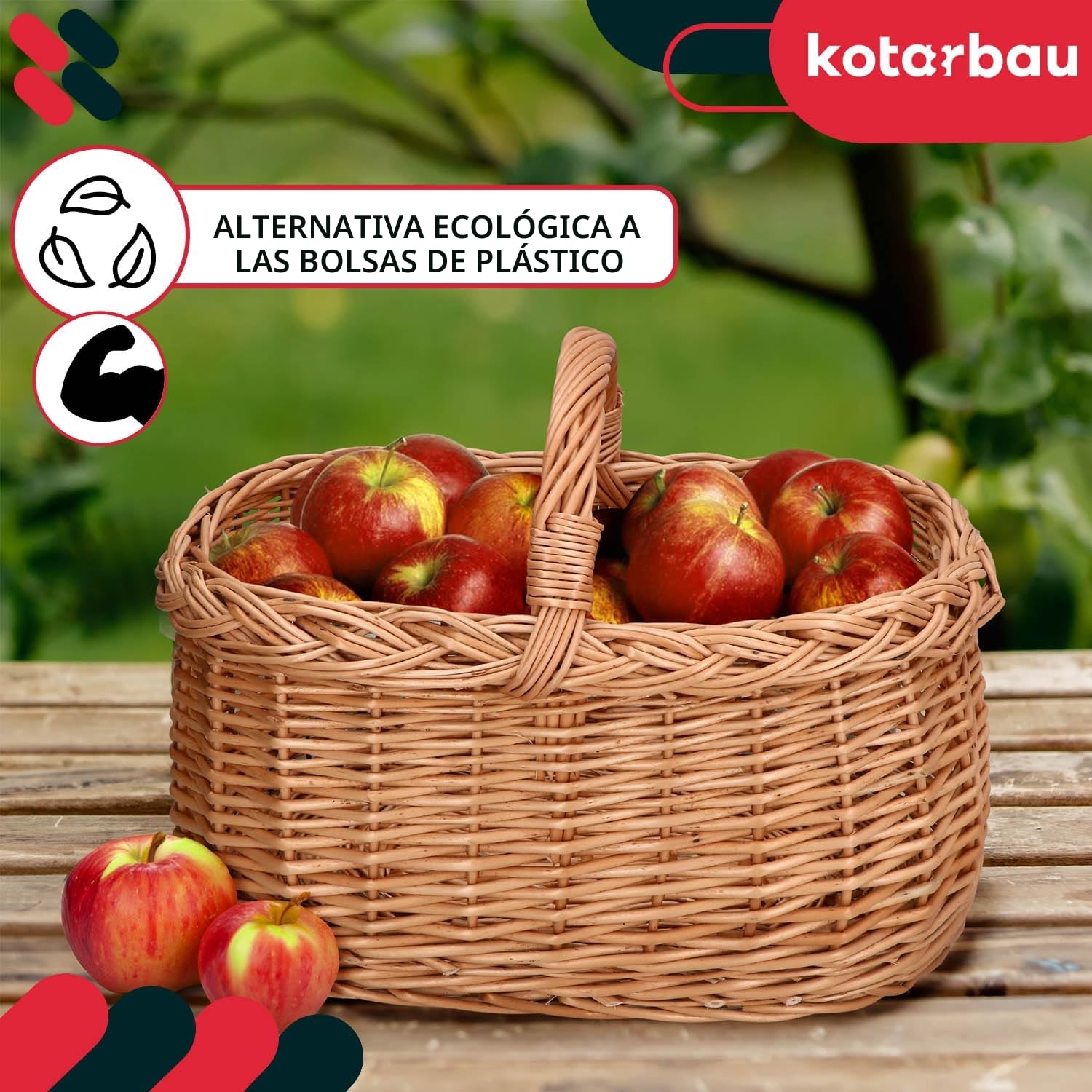 KOTARBAU® Cesta de mimbre con asa, Cesta grande de picnic, Canasta, Cesta de almacenamiento, Decoración, Rústica, Cesta para compra, comida, setas