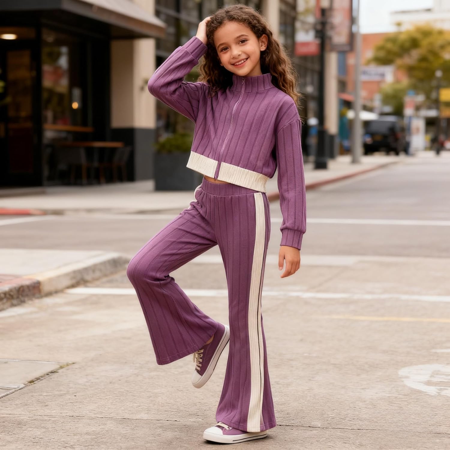 Girls Clothes 2 Piece Zip Up Cropped Sweatshirt & Flare Pants Spring Fall Outfits for Teen Tween Girls 7-14 Years - Image 5