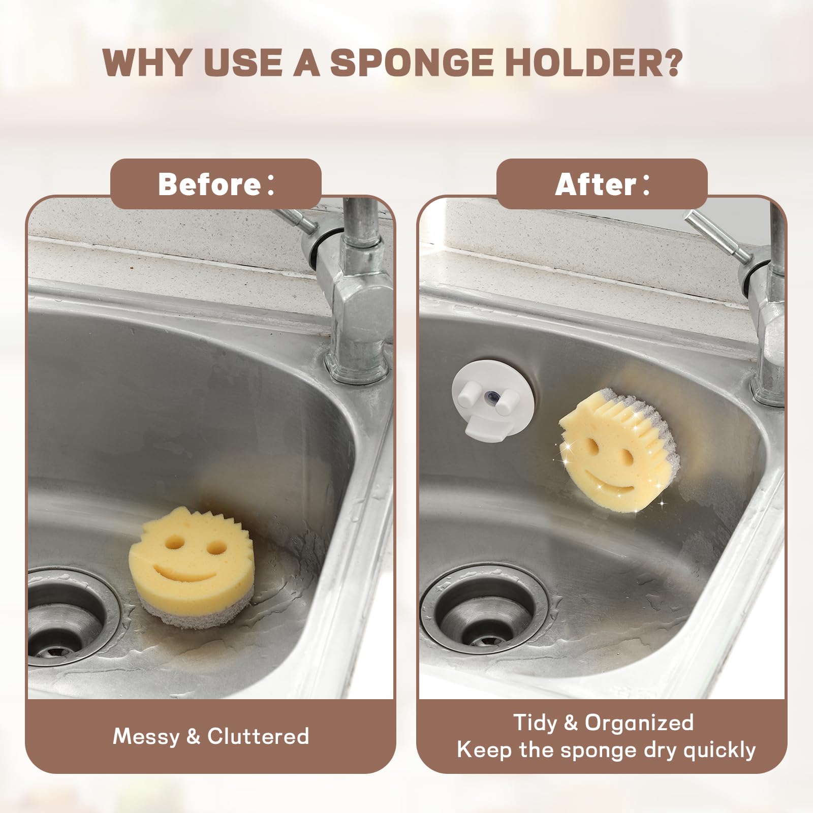 MURLONG Porta spugna con faccina sorridente, organizer per lavello da cucina, organizer per lavello con 2 ventose, 1 striscia adesiva progettata per spugna sapone pennello