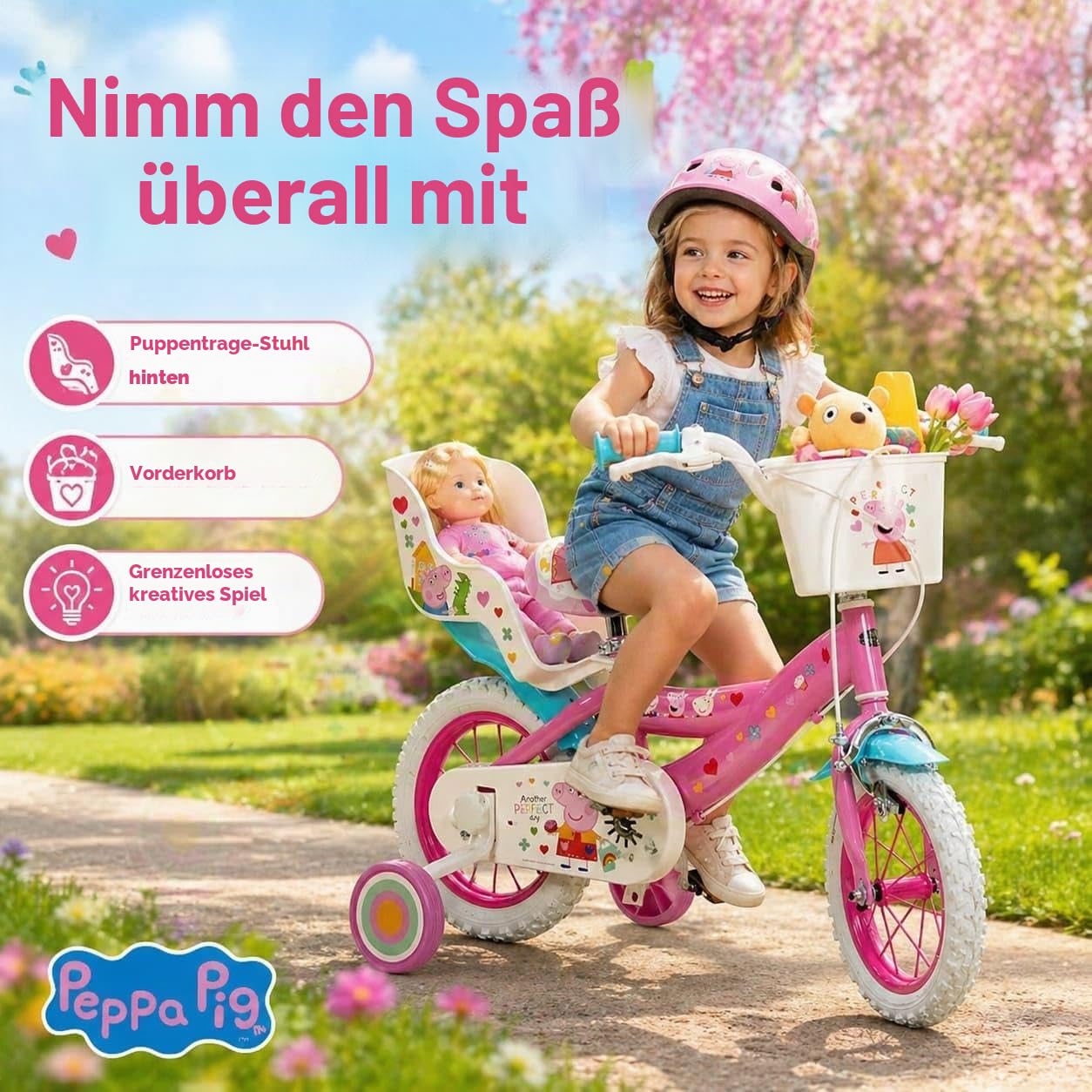 Kinderfahrrad Peppa Pig 12 Zoll mit Stützrädern Korb Puppensitz 3-5 Jahre