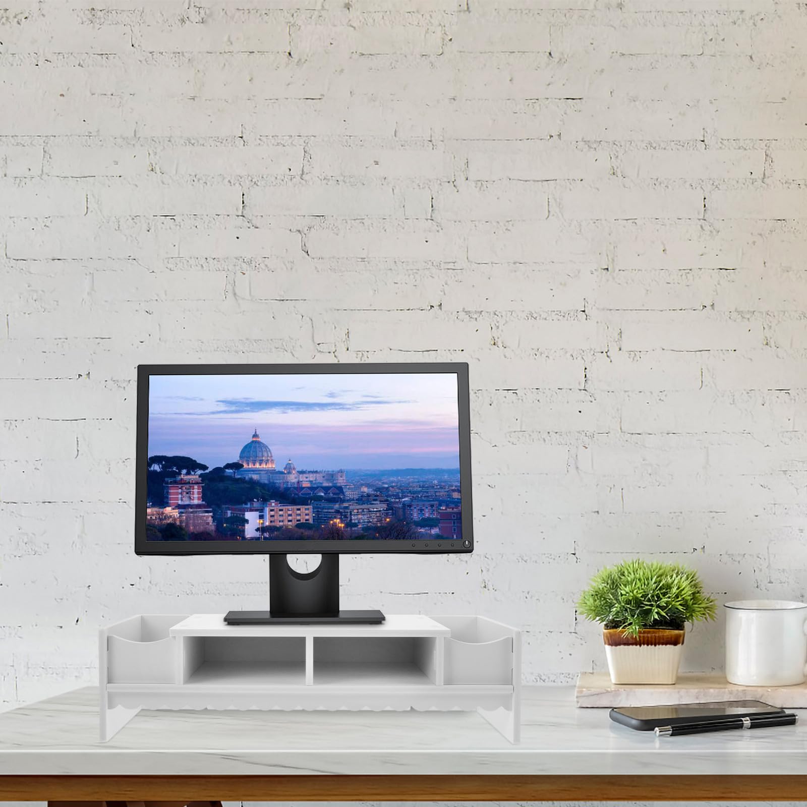 Healvian Estante Elevador de Almacenamiento Espacio Blanco de PVC para Monitor Multifunción para Escritorio de Oficina en Casa y Organización