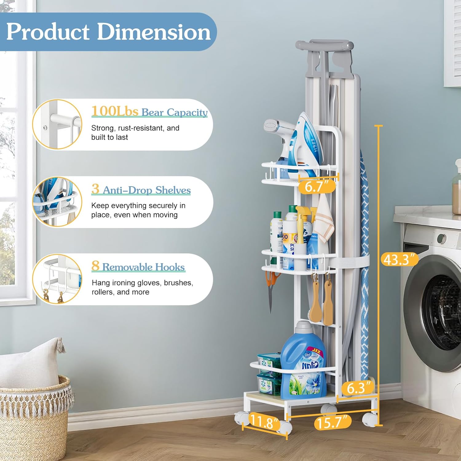 Ironing Board Hanger,Iron and Ironing Board Holder No Wall Mount,Laundry Room Organization and Storage Cart with Iron Stand,Narrow Laundry Shelves Organizer Cabinet,Laundry Room Essentials Accessories
