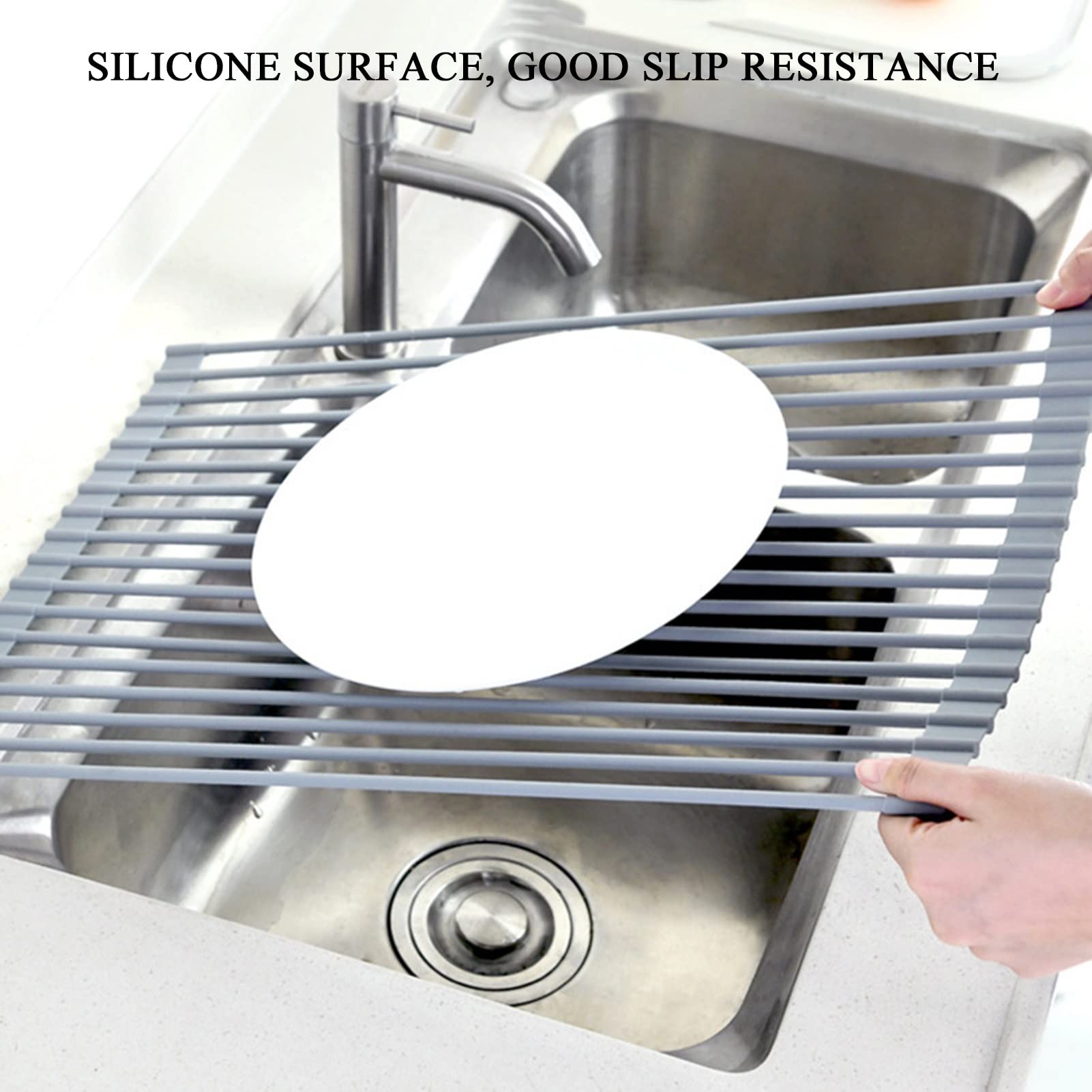 Rejilla Enrollable for secar Platos, escurridor de Fregadero de Silicona y Acero Inoxidable for Cocina, Frutas y Verduras(43 * 33cm)