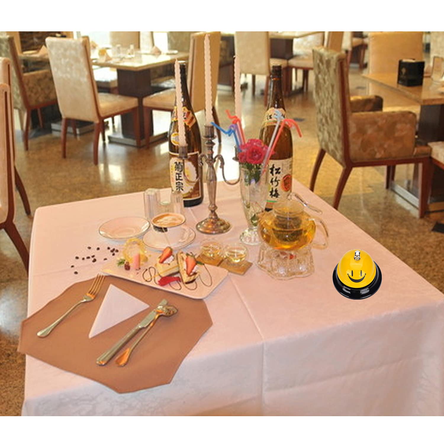 2 Stück Smiley Muster Tischglocke, Metall Tischglocke, Knackige Tischklingel, für Restaurant, Küche, Hotels, Bars.(Gelb)