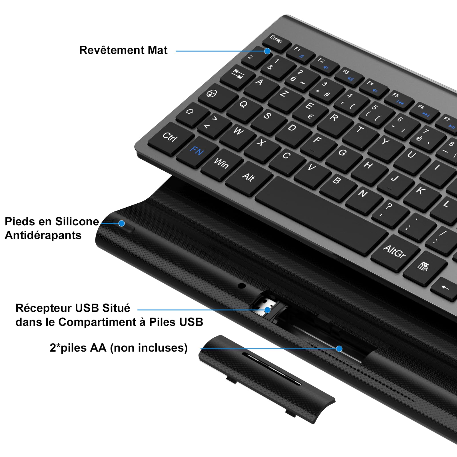 cimetech Clavier sans Fil, Clavier AZERTY Français avec Récepteur Nano USB 2.4GHz Ergonomique Compatible avec Windows/MacOS, Windows PC Laptop - Gris
