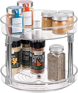 iDesign Rotatable Spice Rack with 2 Tiers, Small Plastic Kitchen Cupboard Storage for Spices and Condiments, Rotating Spice Jars Holder for Kitchen and Pantry, Clear