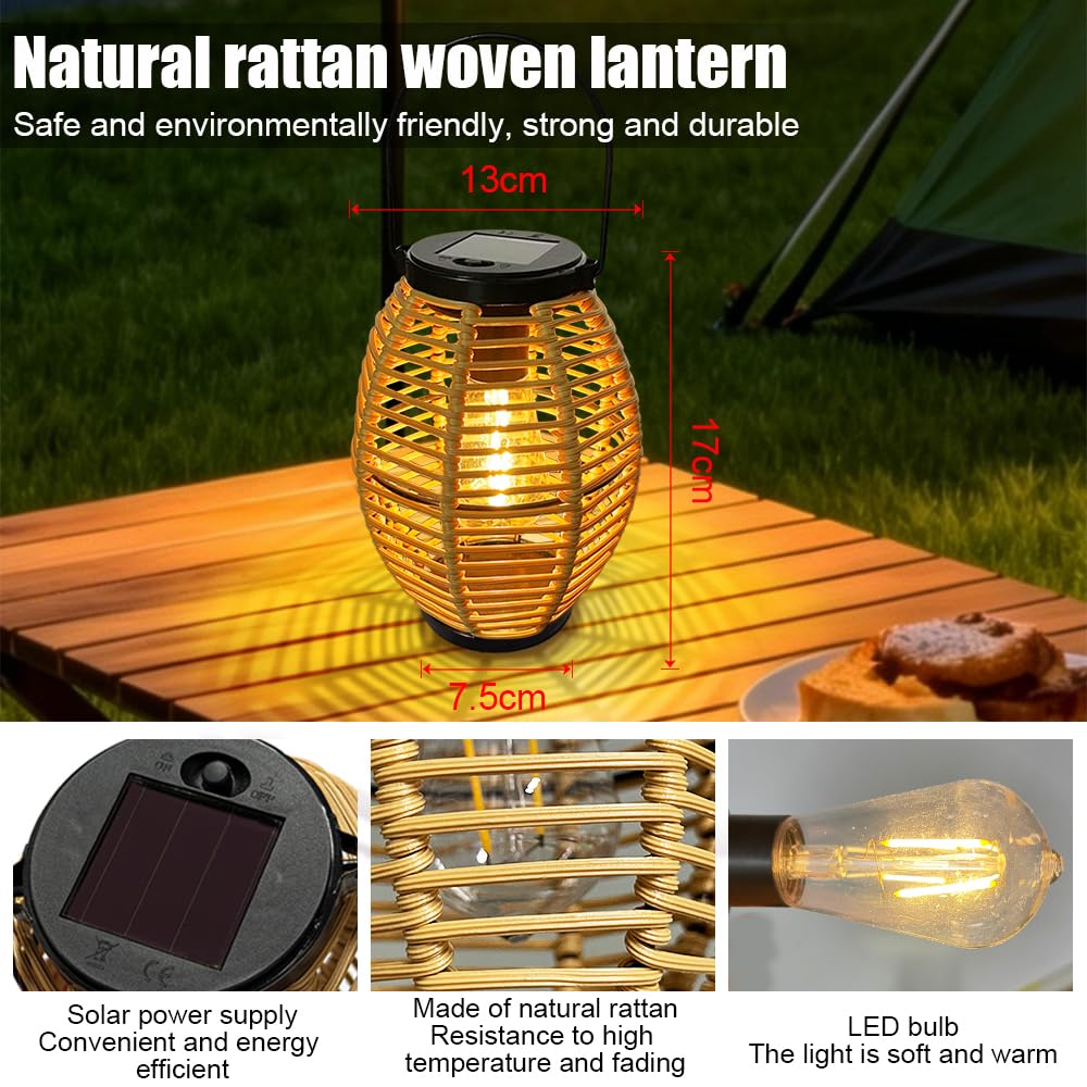 Bseical Lanterne Solaire Exterieur Jardin - 2 Rotin Lampe Solaire Exterieur, IP44 Étanche Lumiere Solaire Exterieur Lampadaire de Style Bohème, Suspendre/Perchées pour Table Cour Jardin Decoration