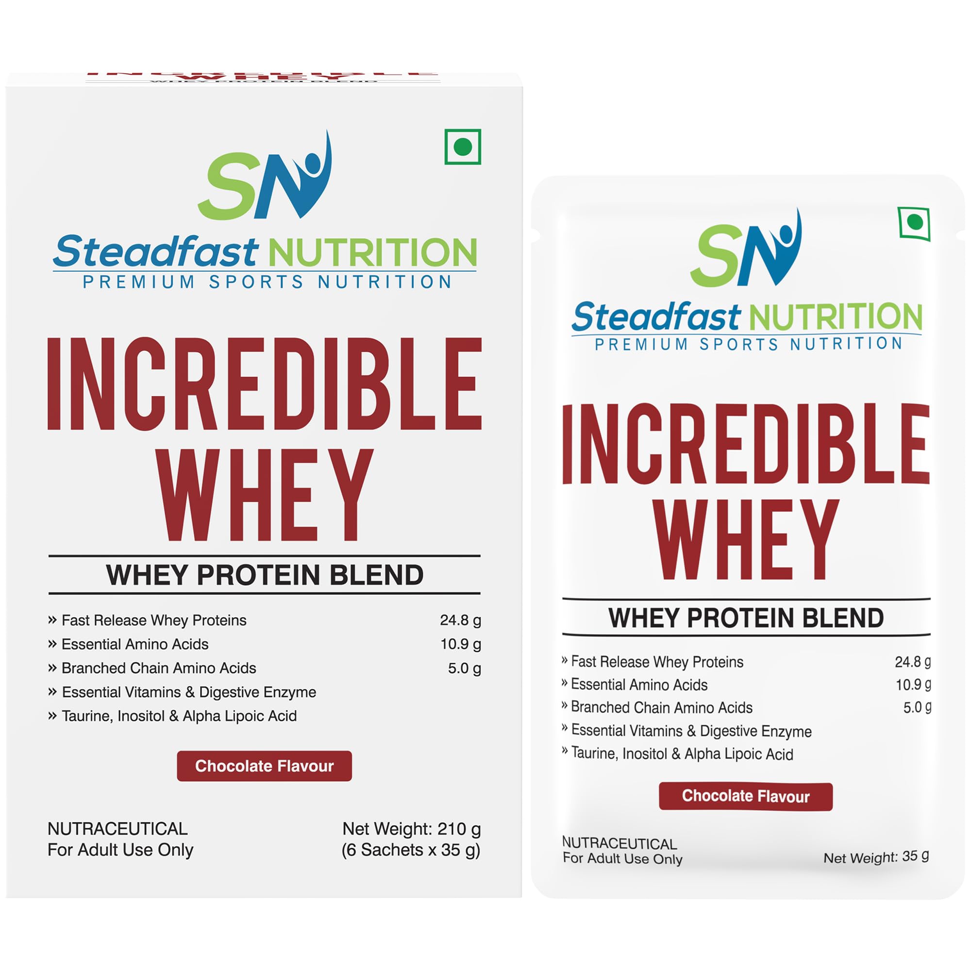 Steadfast Nutrition Incredible Whey Protein| Isolate and Concentrate Fast release Protein Powder for Men and Women No added preservatives (Chocolate, 6 Sachets)