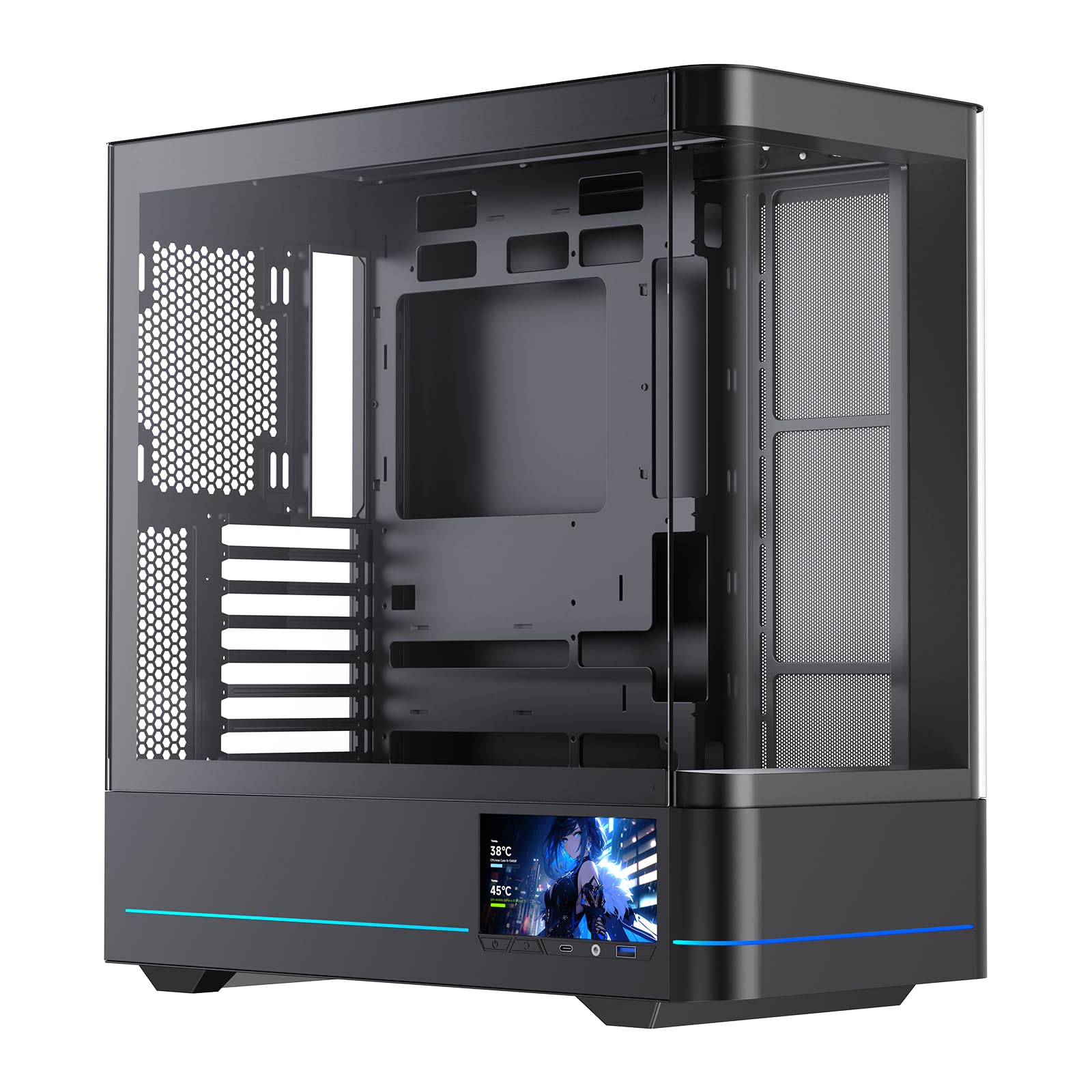TZMRIT AC-02 PC Gehäuse mit 5.5INCH LCD Display,Mittelturm ATX-Computergehäuse mit Panorama-Doppelglas (Black)