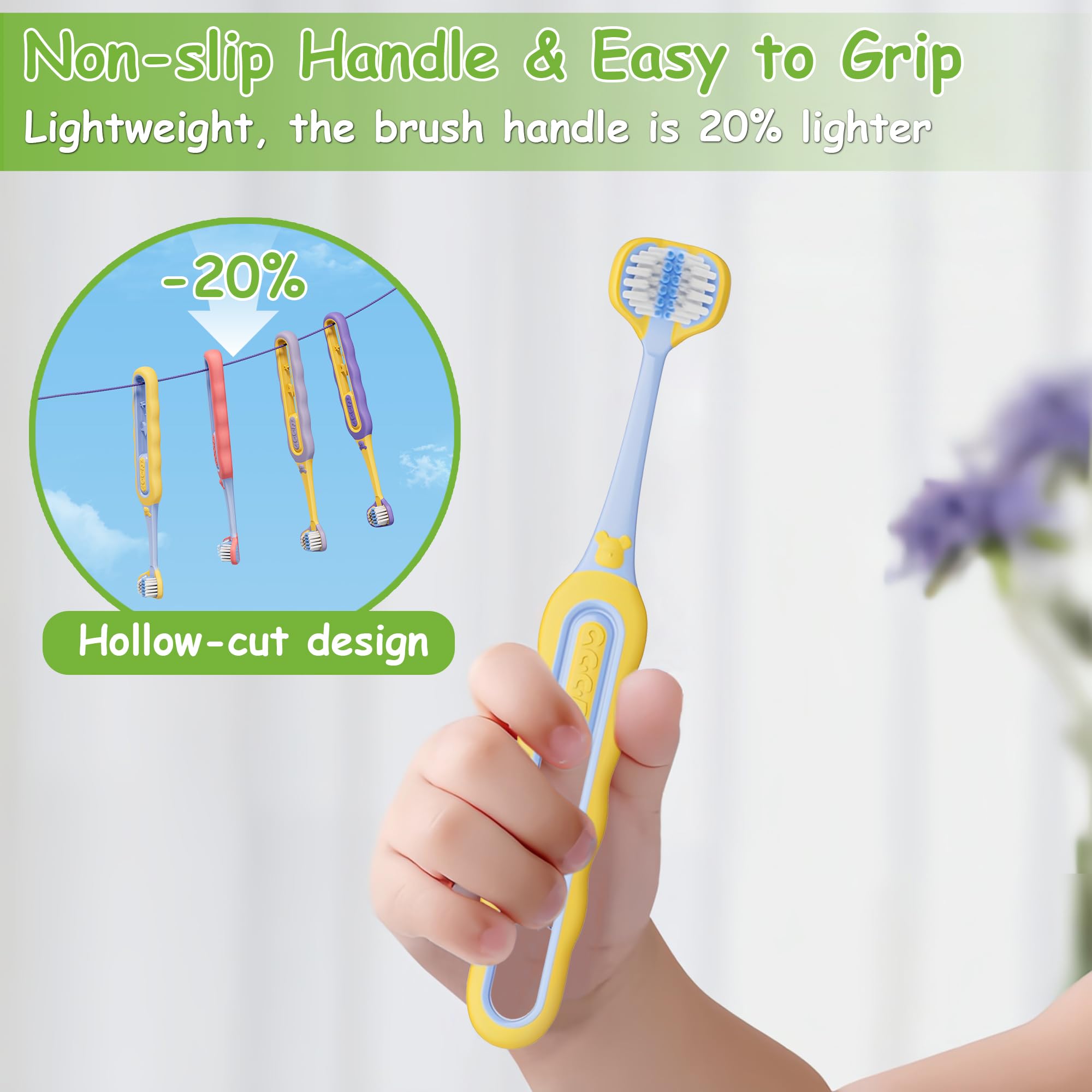 Cepillo de dientes para niños pequeños, paquete de 4, cepillo de dientes suave para bebés, eficiente de 3 caras, cepillo de dientes para niños de 1 a 12 años, cepillo de dientes de 5