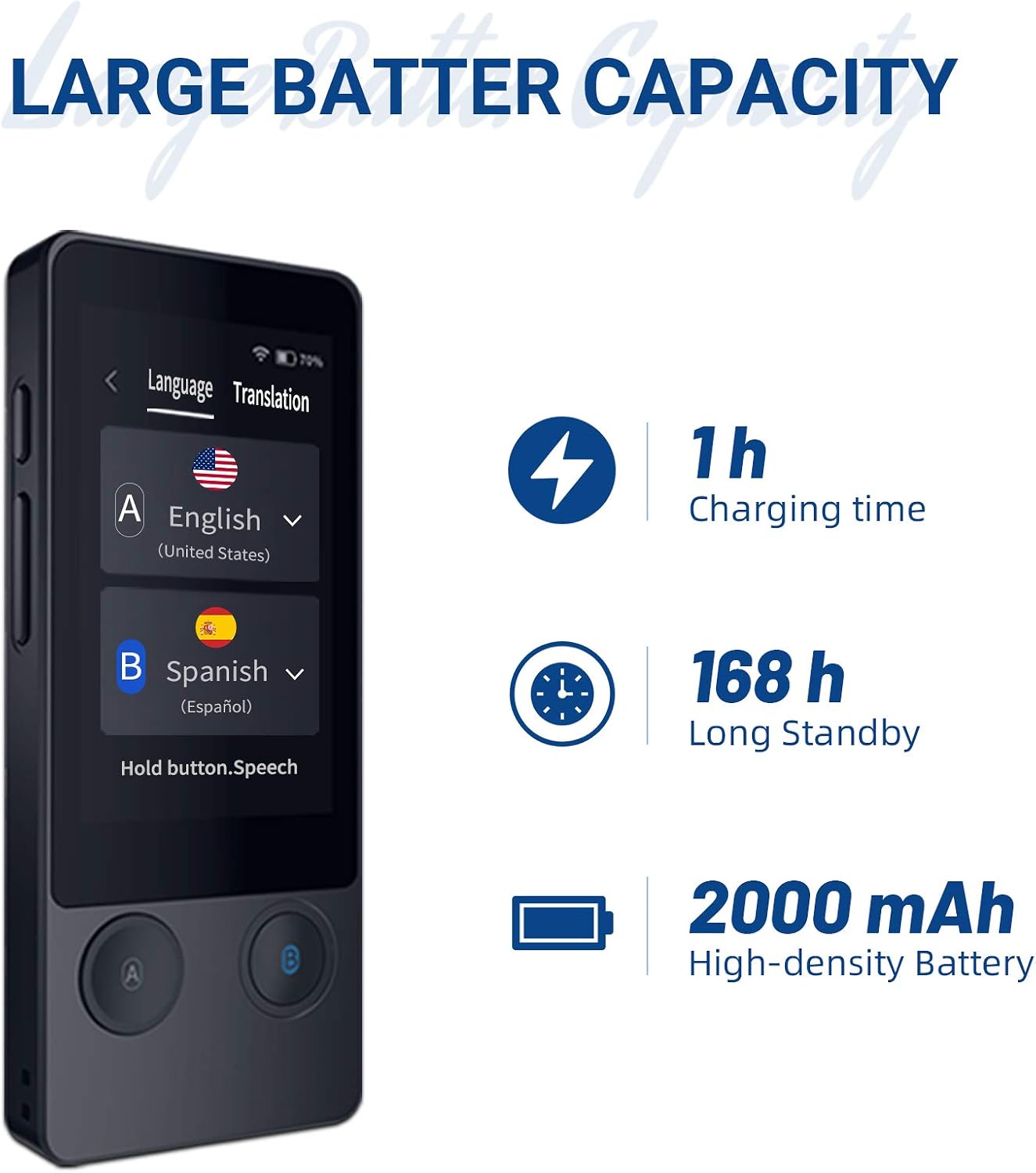 ANFIER W06 battery specifications: 1 hour charging, 168 hours standby, 2000 mAh