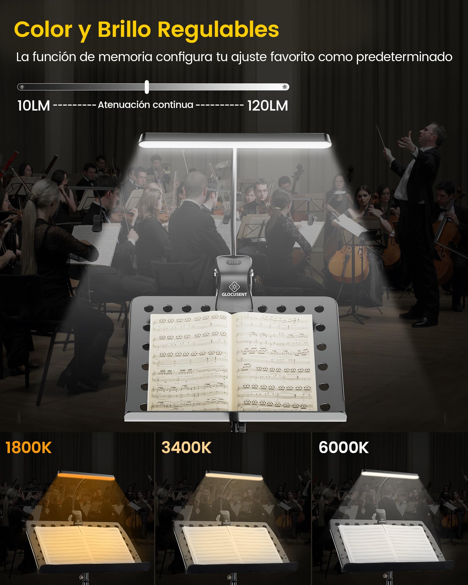 Glocusent 57 LED Lampara Partituras, Lampara Piano para el Cuidado de los Ojos, 3 Colores y 5 Brillo, Recargable por USB C, hasta 140 Hrs, Para el Piano, Partituras, Guitarra