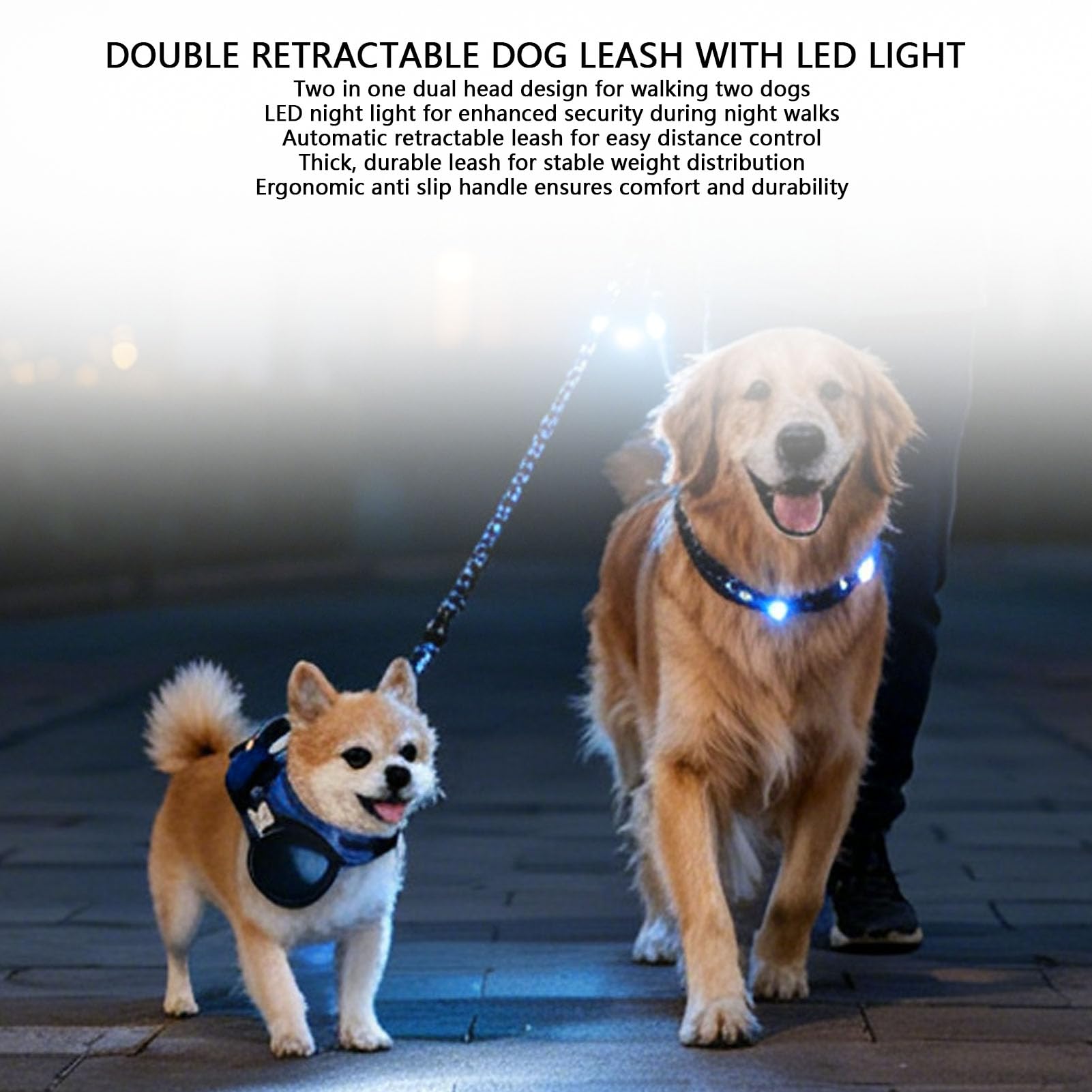 Generic Guinzaglio Doppio Retrattile per Animali Domestici, Luce LED Senza Torsione Regolabile per Due Cani Che Camminano (Versione a batteria blu)