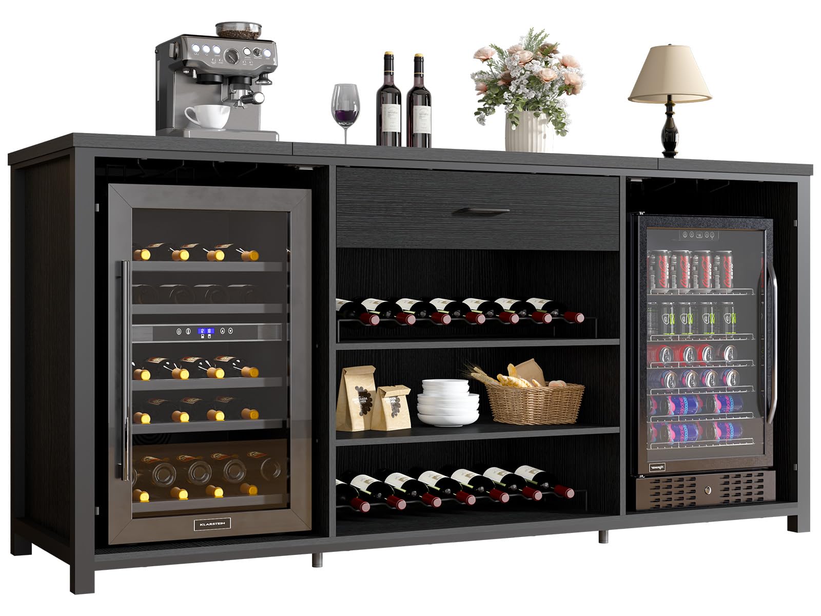 LVB Long Coffee Bar Cabinet with Fridge Space, Modern Wood Metal Large Wine Liquor Cabinet with Rack, Big Wide Sideboard Buffet Cabinet with Drawer Storage for Kitchen Dining Room, Black Oak, 70 Inch