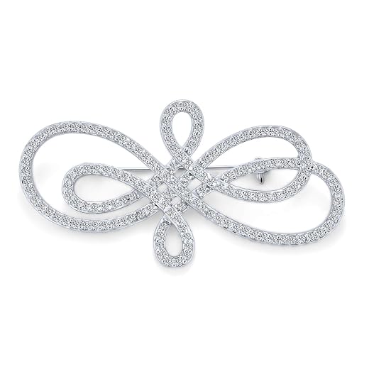 Bling Jewelry Statement Large Pave Wedding Bridal Crystal Fashion Gatsby Vintage Art Deco Style Scarf Brooch Pin for Women Silver Plated Brass