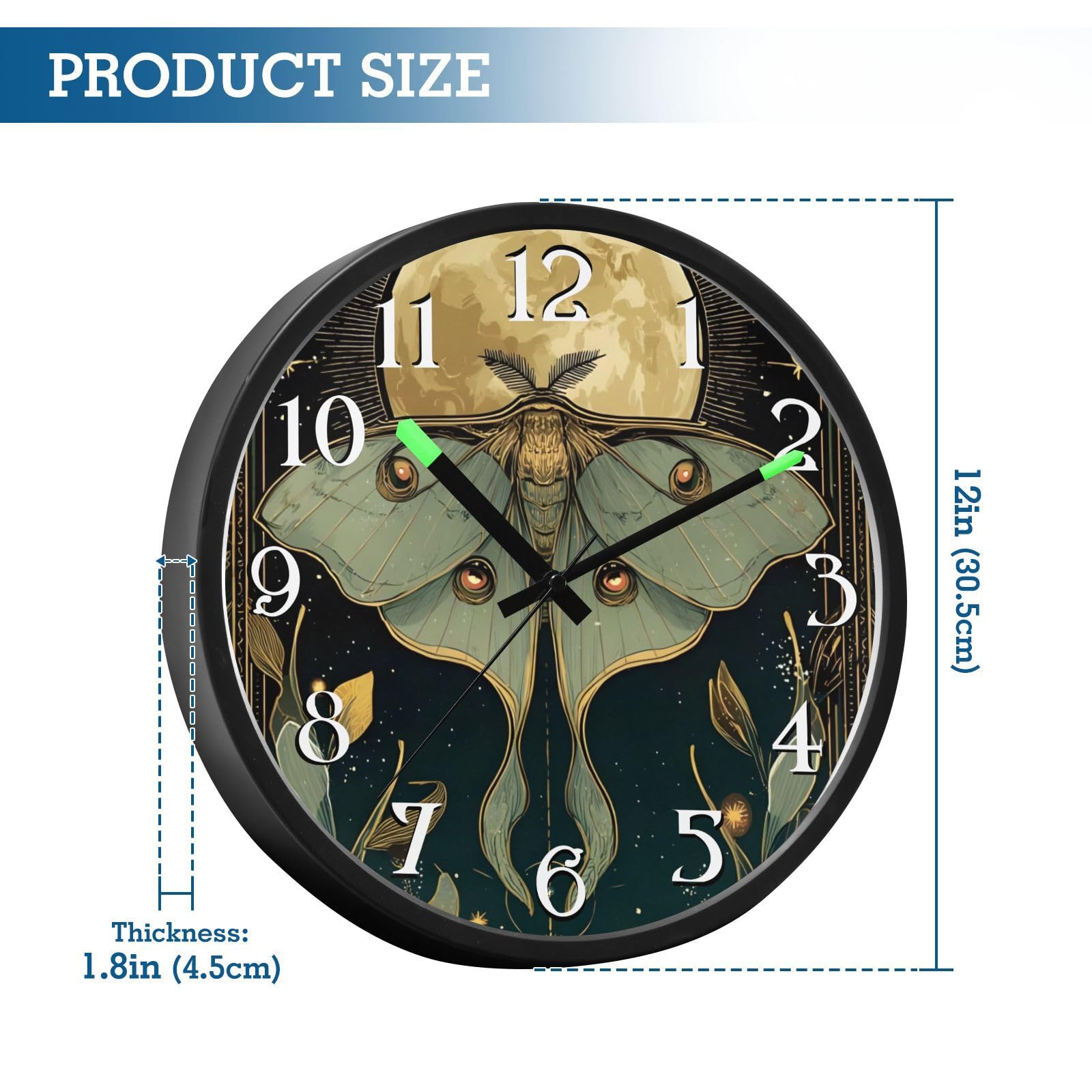 Mnsruu Reloj de pared luminoso con diseño de luna, luna, hoja verde, funciona con pilas, silencioso, brilla en la oscuridad, para sala de estar, cocina, 12 pulgadas