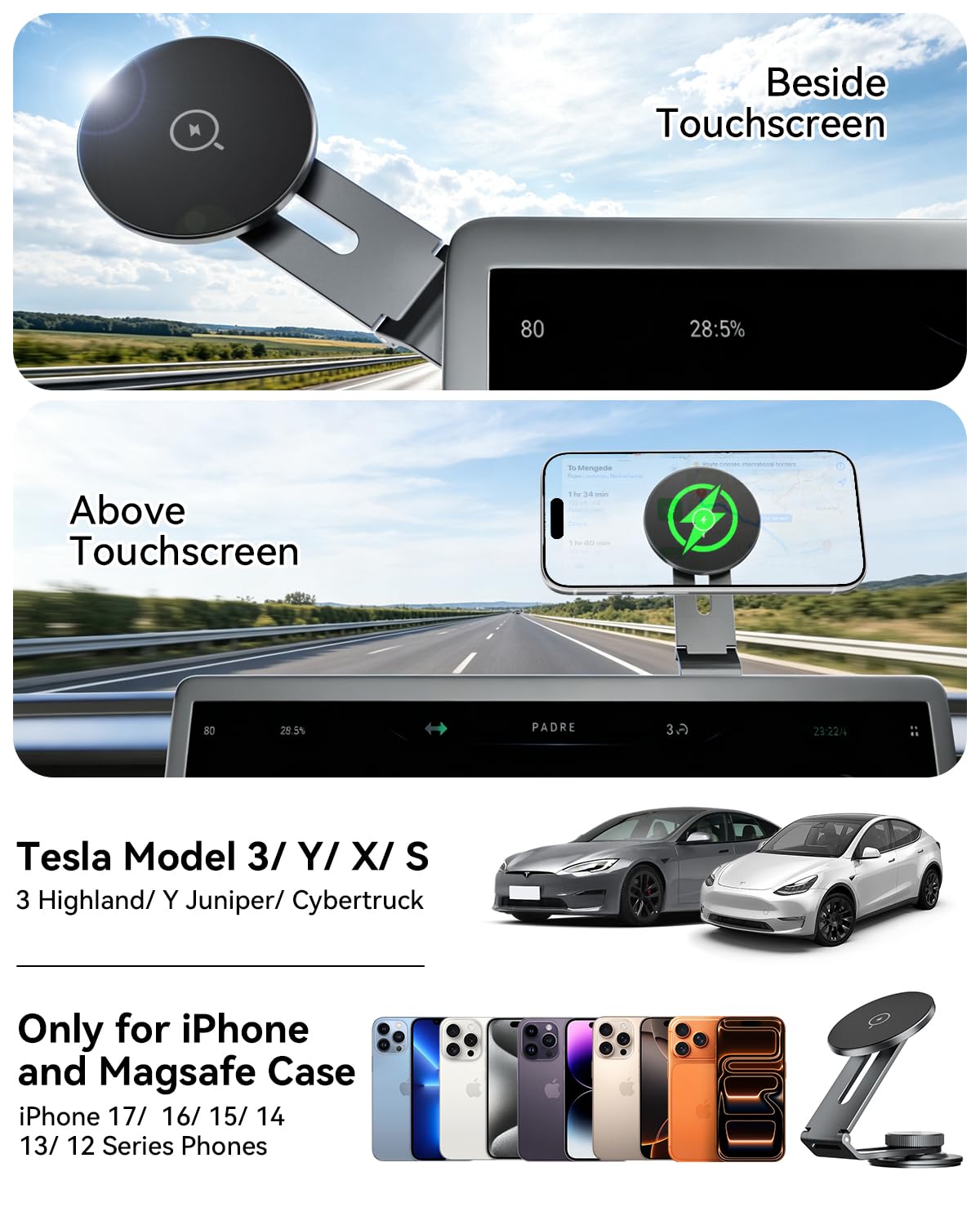 Soporte Magnético para Tesla con Carga Inalámbrica 15W, Soporte Metálico Plegable y Extensible con Ajuste 360°, Compatible con MagSafe para iPhone, Tesla 3/Y/S/X/Cybertruck