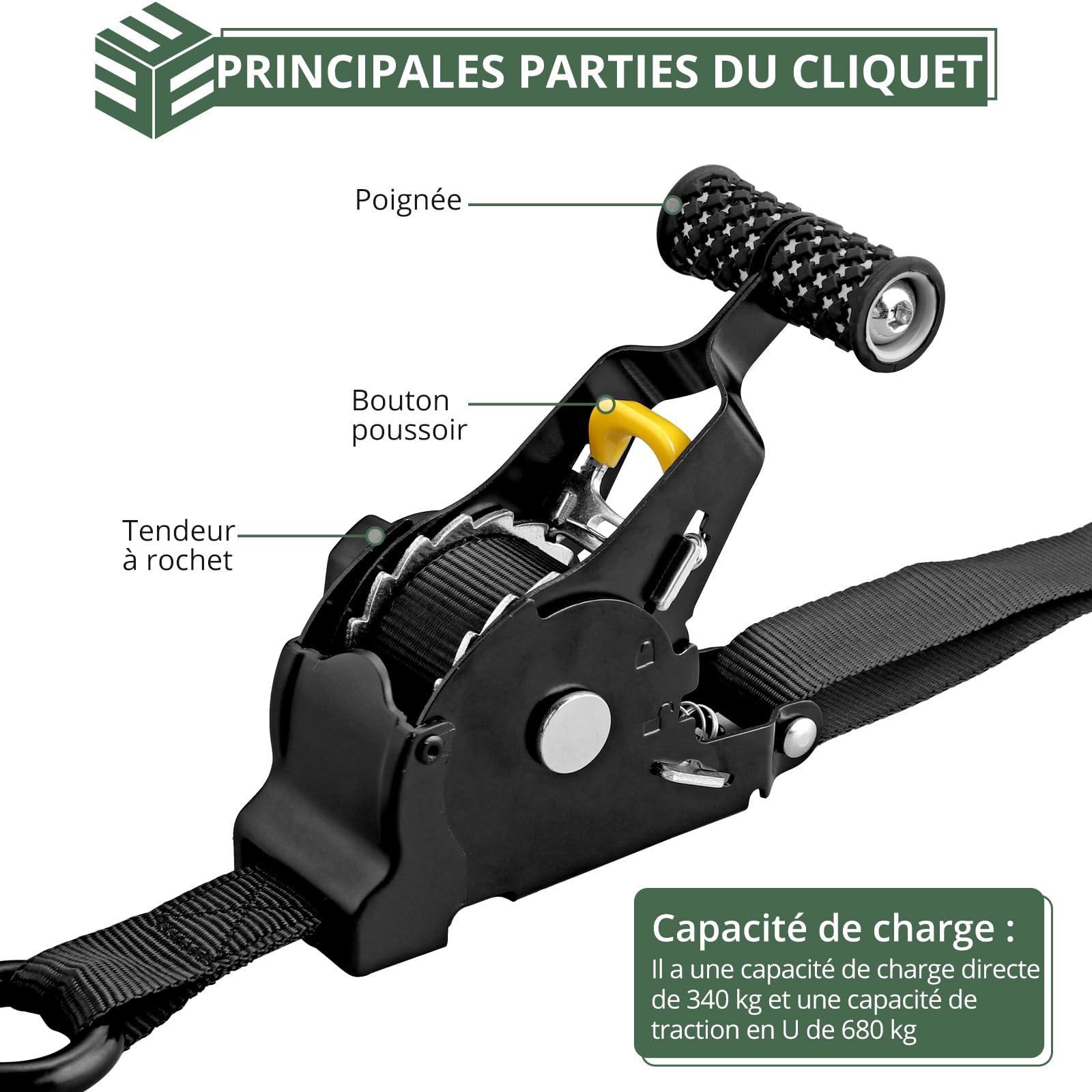 EYPINS 4 Pièces Sangle à Cliquet Auto-Rétractable avec Poignée 25mm x 3.3m,Capacité de Charge Directe 340kg,en U 680kg-Pour Remorque,Moto,Voiture Résistance aux UV et Usure Conforme en 12195-2