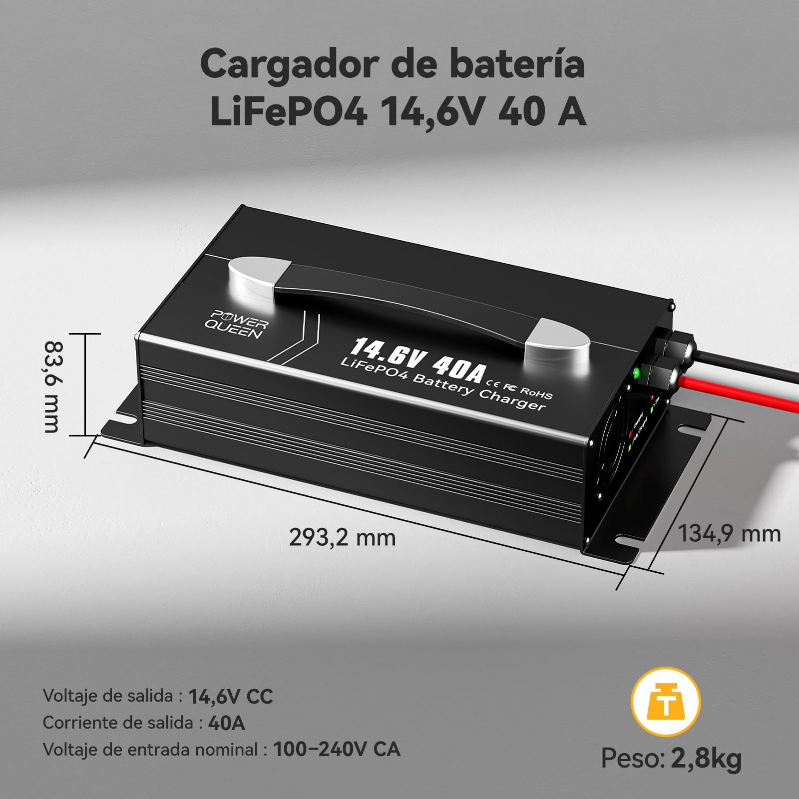 POWER QUEEN Cargador Rápido LiFePO4 14.6V 40A con Pantalla en Tiempo Real | Carga Rápida de 40A para LiFePO4 de 12V,Ideal para Ciclo Profundo,con Función de Precarga y 6 Protecciones Inteligentes
