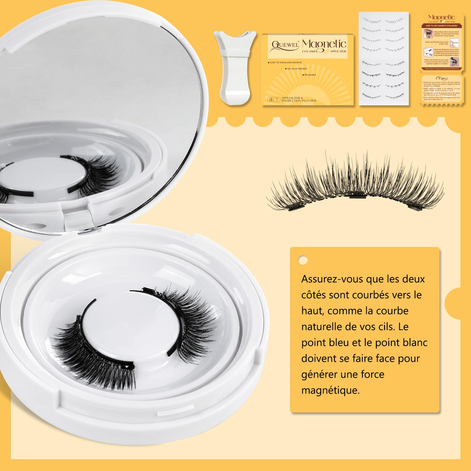 Faux Cils Magnetique, Cils Magnetique Naturel Réutilisables avec Applicateur, Aucune Colle Nécessaire QUEWEL Faux Cils Magnetique facile à porter et à enlever avec instructions (K-04)