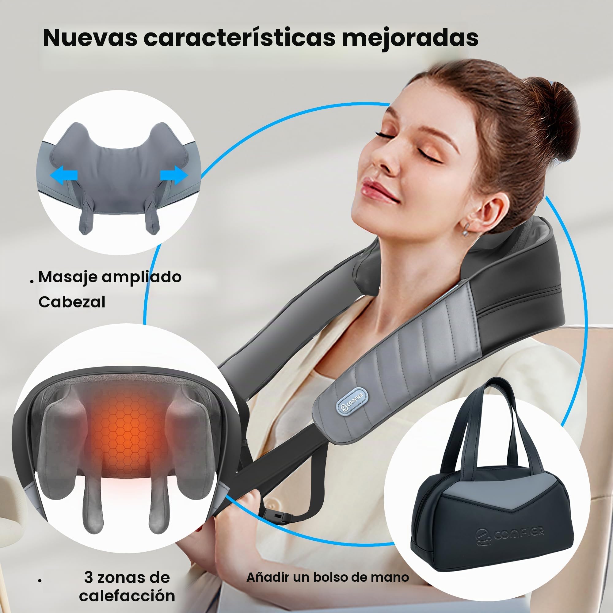 COMFIER masajeador de cuello con calor，Masajeador Shiatsu para cuello y hombros, Masajeador inalámbrico 4D de espalda，Regalos