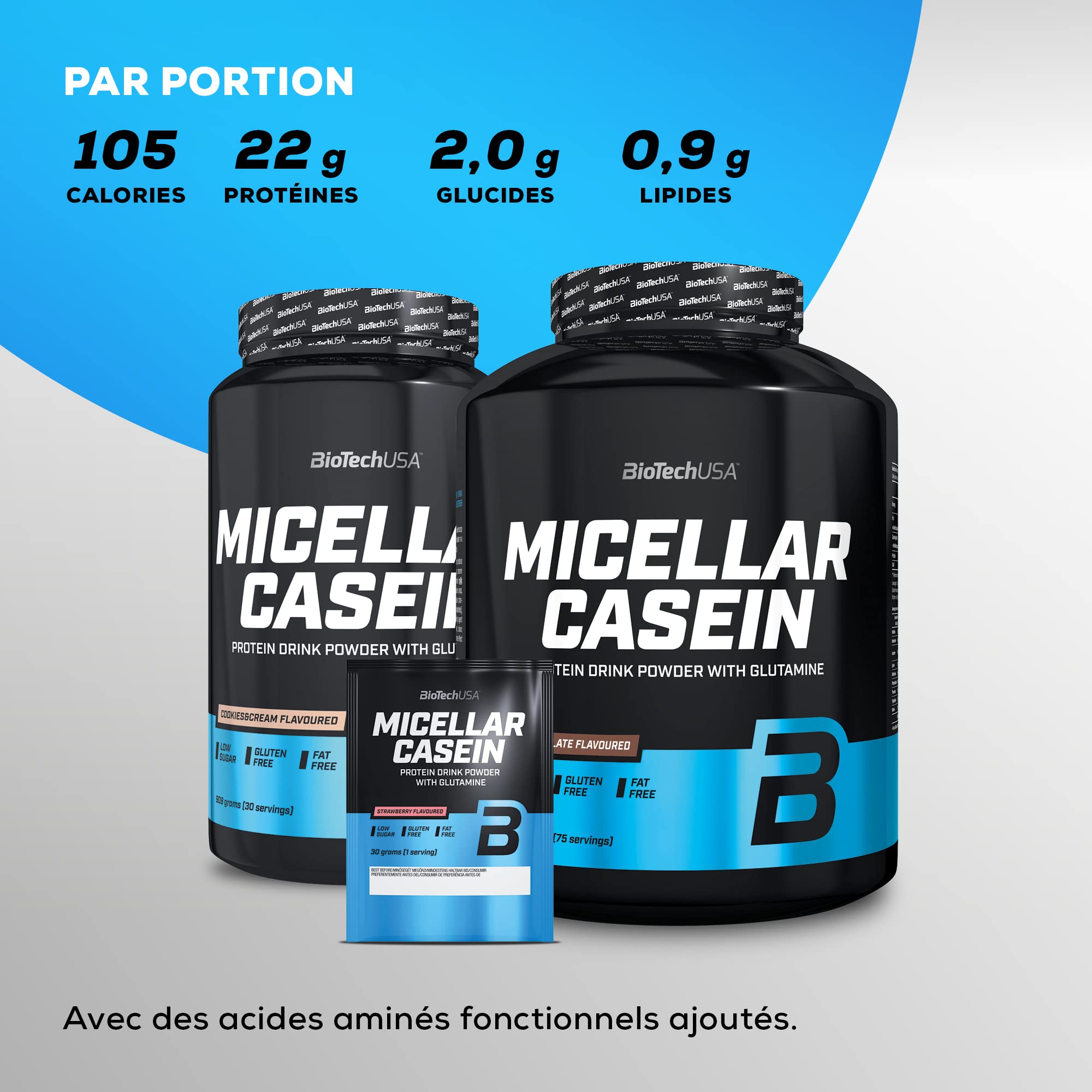 BioTechUSA Micellar Casein Protein Powder | Temps d'absorption prolongé | Sans gluten et sans graisse | L-Glutamine ajoutée, 908 g, Vanille
