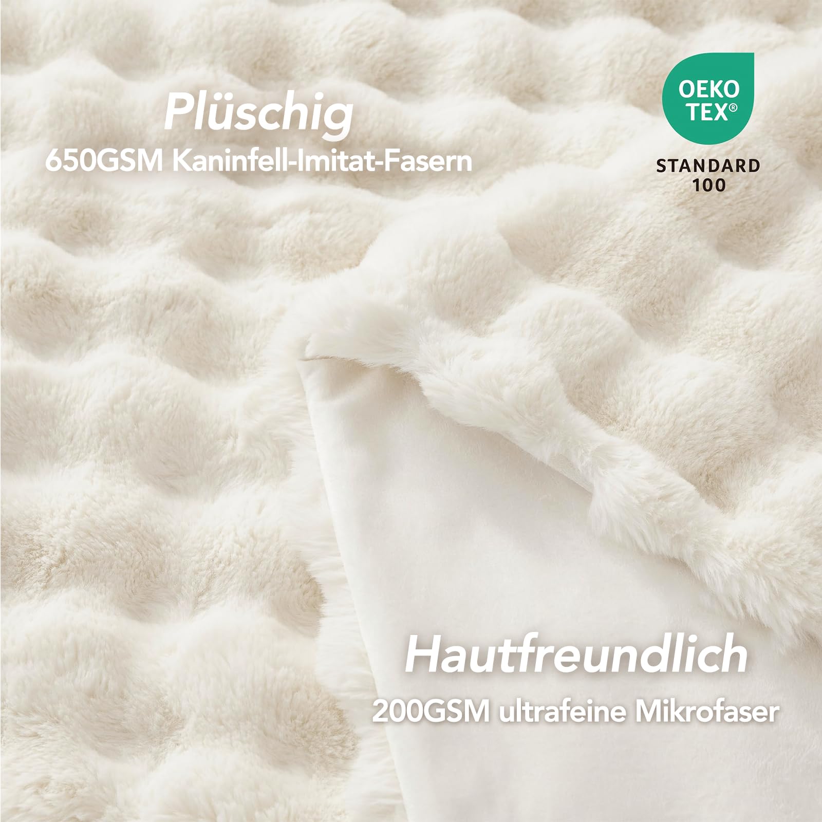 L'AGRATY Kunstkaninchenfell-Decke: 200x220cm Luxuriöse, weiche, Flauschige, Dicke Fellwurfdecke für Couch, Bett, Sofa - Gemütliche, plüschige Blasendecken mit Warmer Flanell-Fleece (Cremeweiß)