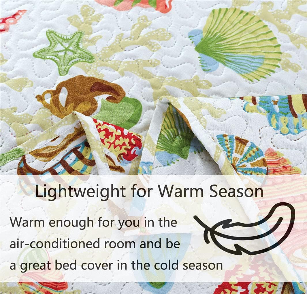 3-Piece Colorful Seashell Lightweight Quilt Set,Beach Themed Cottage Reversible Bedspread Coverlet,Vivid Seascape Image Coral Starfish Scallop Printed Bed Cover Seaside Bedding Set (Yellow,King) thumbnail