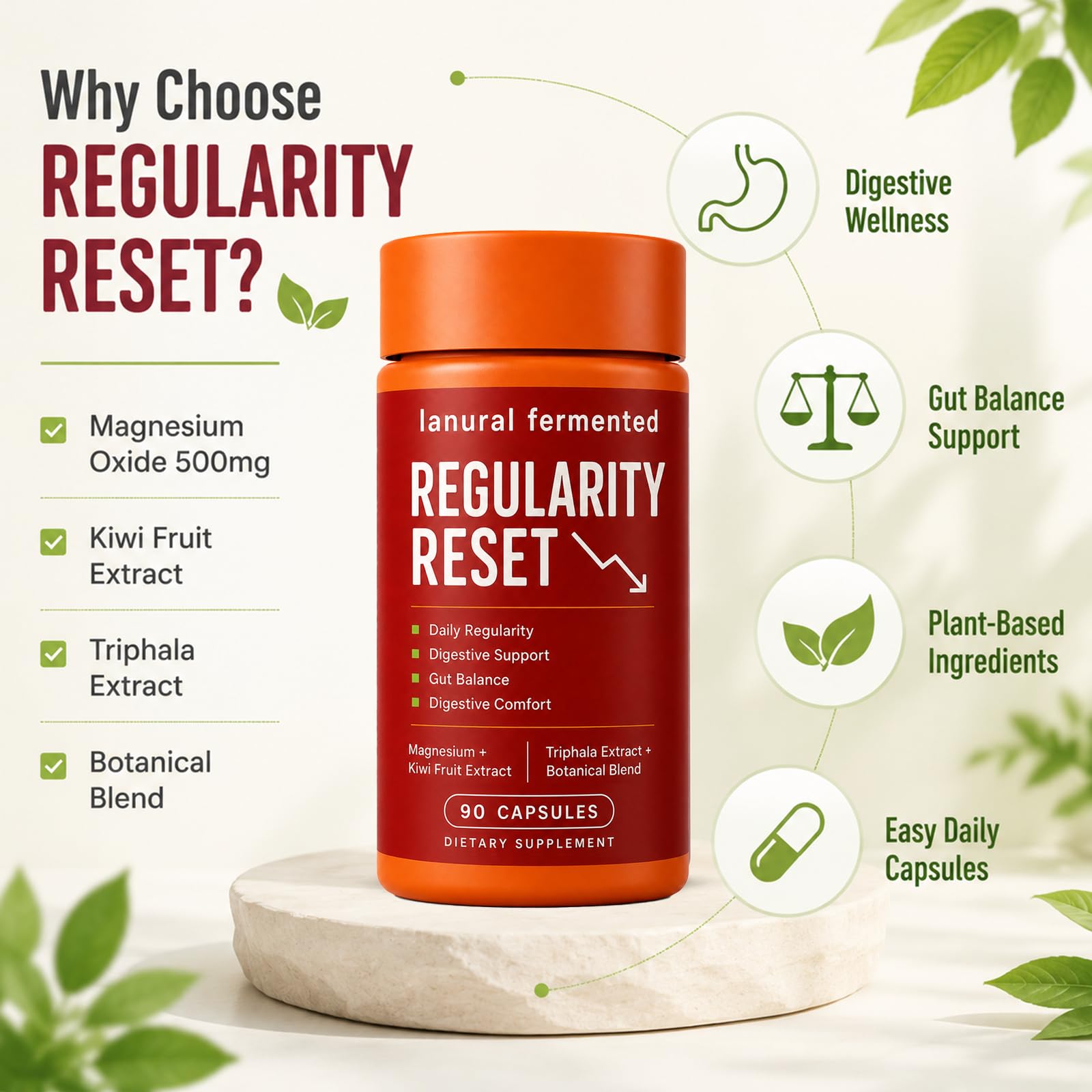Lanural Fermented Regularity Reset, Daily Digestive Support Supplement with Magnesium, Kiwi Fruit Extract & Triphala, Gut Balance & Digestive Comfort, 90 Capsules — Amazon image 5