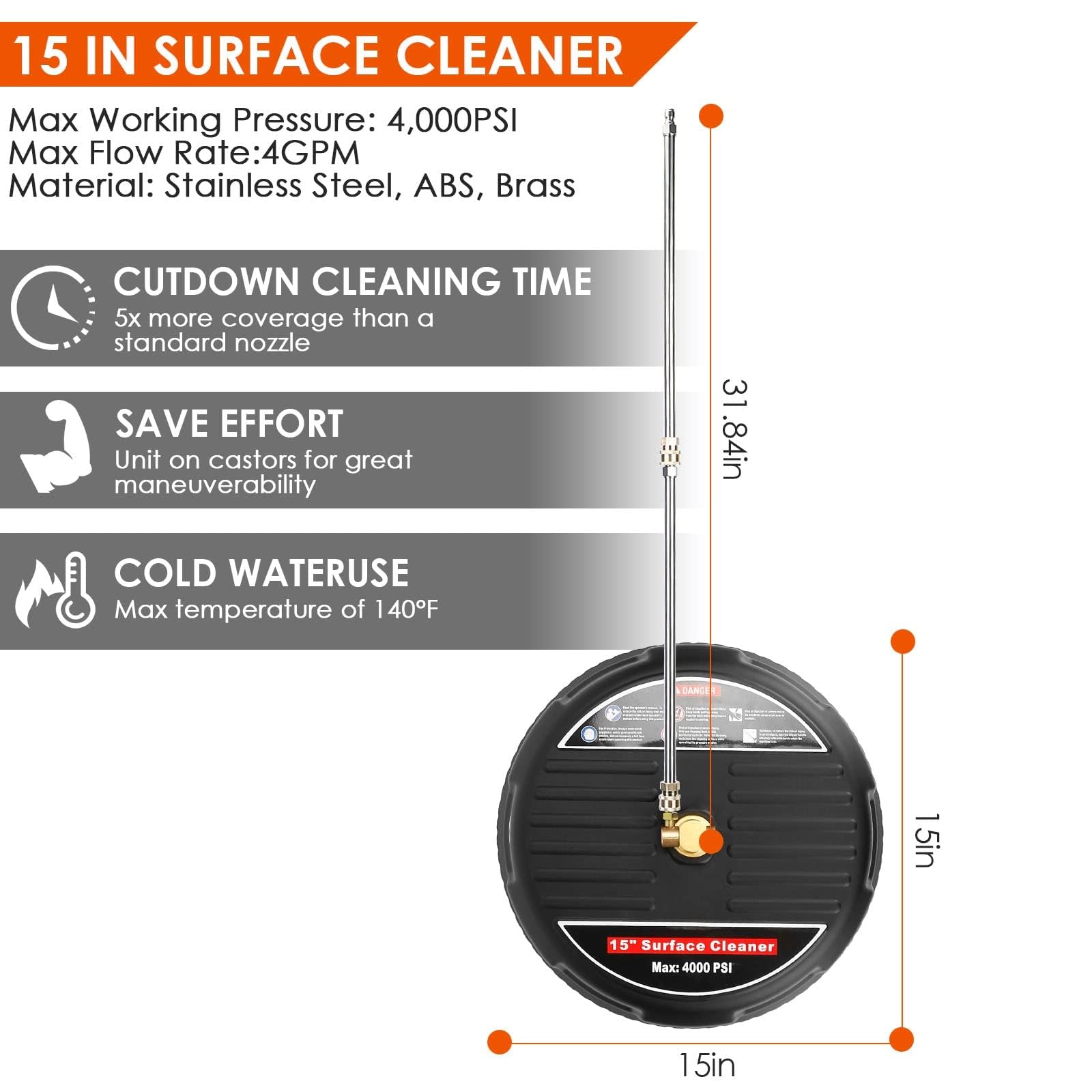 TeqHome Czyszczenie powierzchni myjki ciśnieniowej 38 cm, 4000PSI Power Surface Cleaner, ulepszona nasadka do myjki z 2 przedłużkami i 2 wymiennymi dyszami, szybkie połączenie 0,6 cm, maksymalne