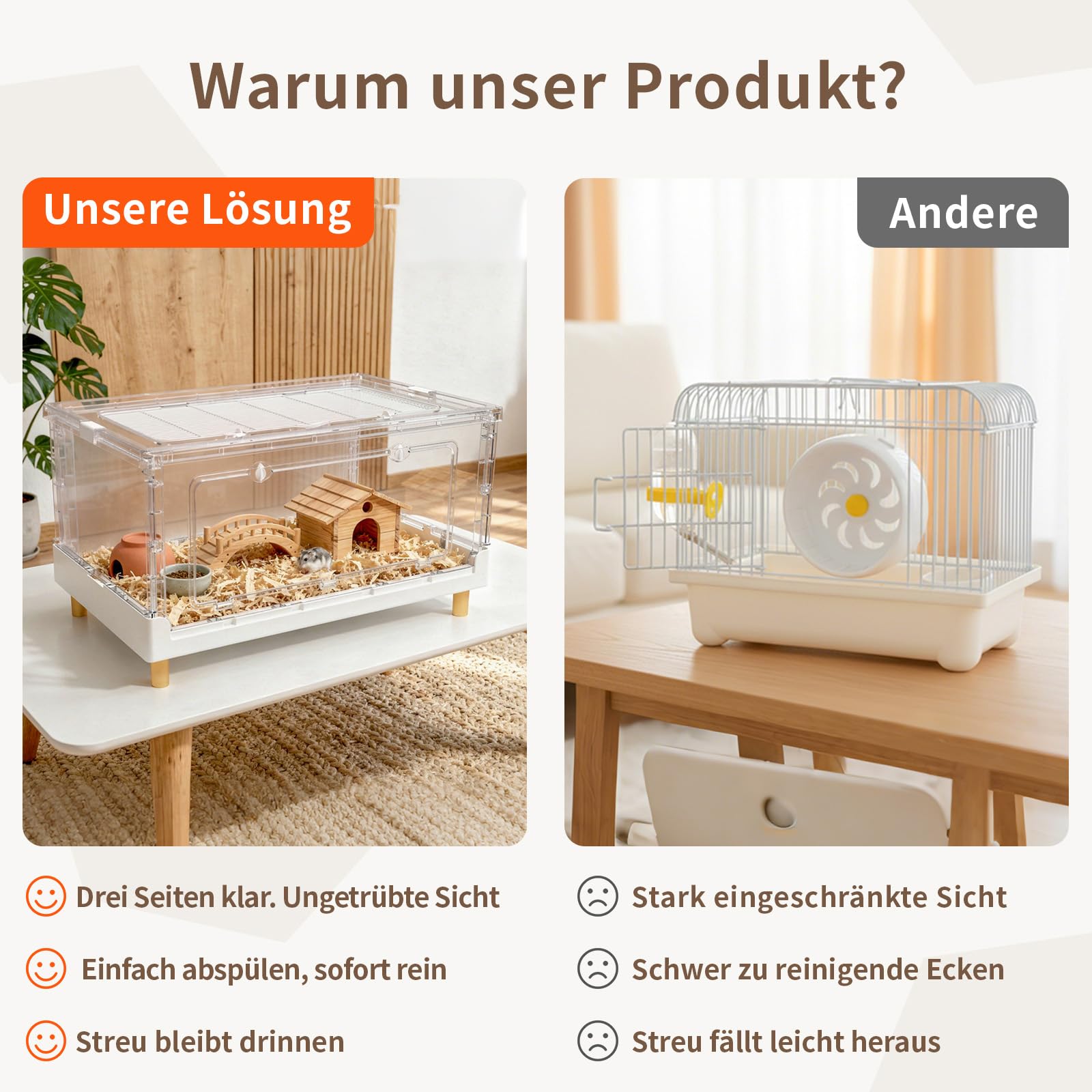 70cm Hamsterkäfig, 34cm Sichtschutz-Nagerheim für Zwerghamster | 3000cm2 Fläche, Sichtschutz-Rückwand, Faltbares Design, Einfache Reinigung für Zwerghamster