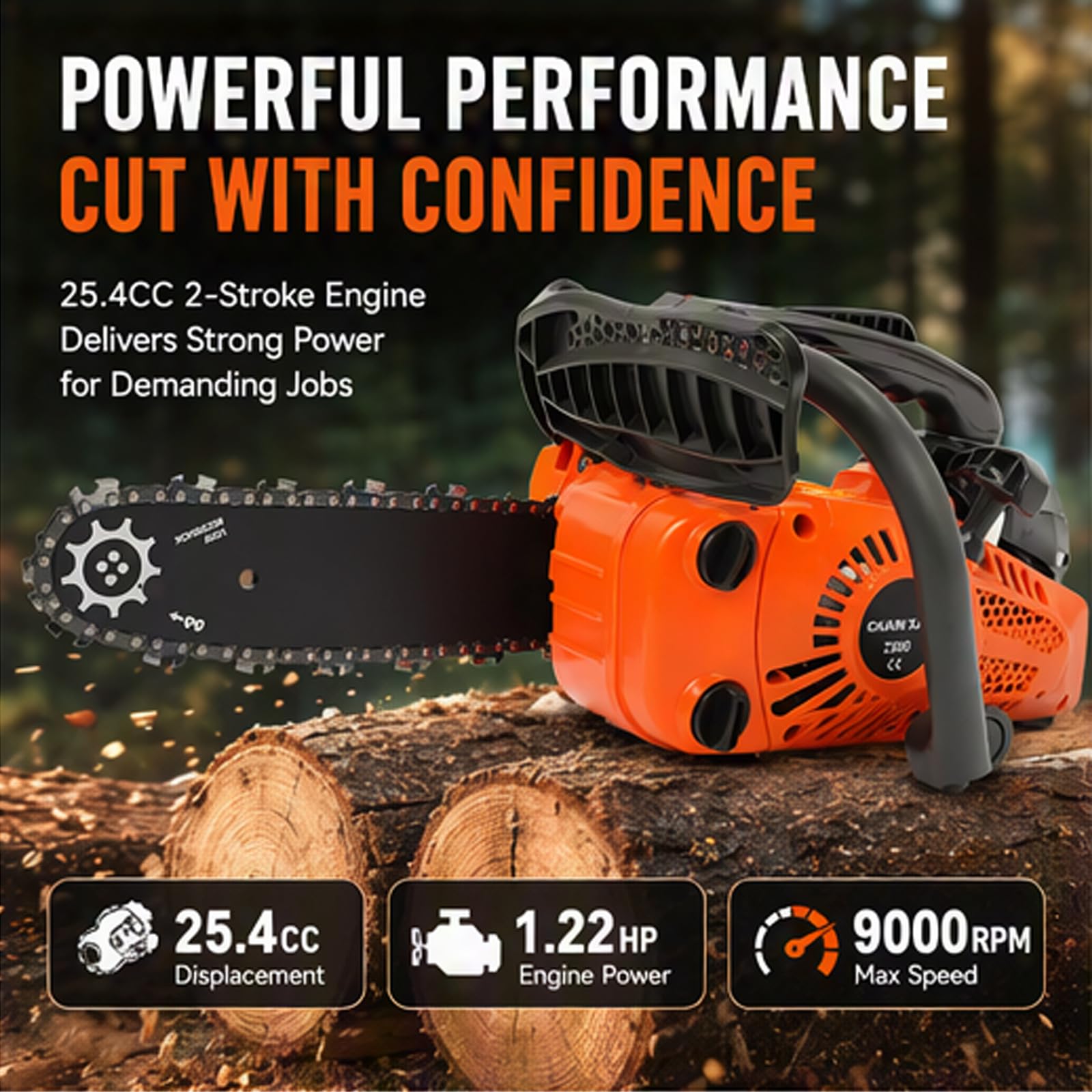 25.4CC Benzin Kettensäge, 2-Takt Motorsäge 1.22HP Engine Chainsaw 30cm Oberer Handgriff Benzin Kettensäge, 9000rpm Benzinkettensäge für Baumfällung, Astschneiden, Gartenarbeit