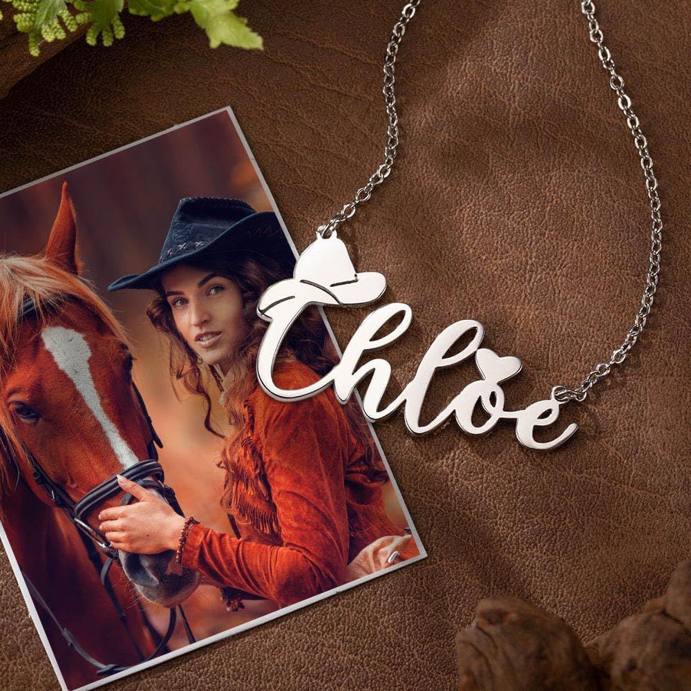 Custom Name Necklace Personalized Cowgirl Necklace With Cowboy Hat Western Good Luck Jewelry Gift for Her Him