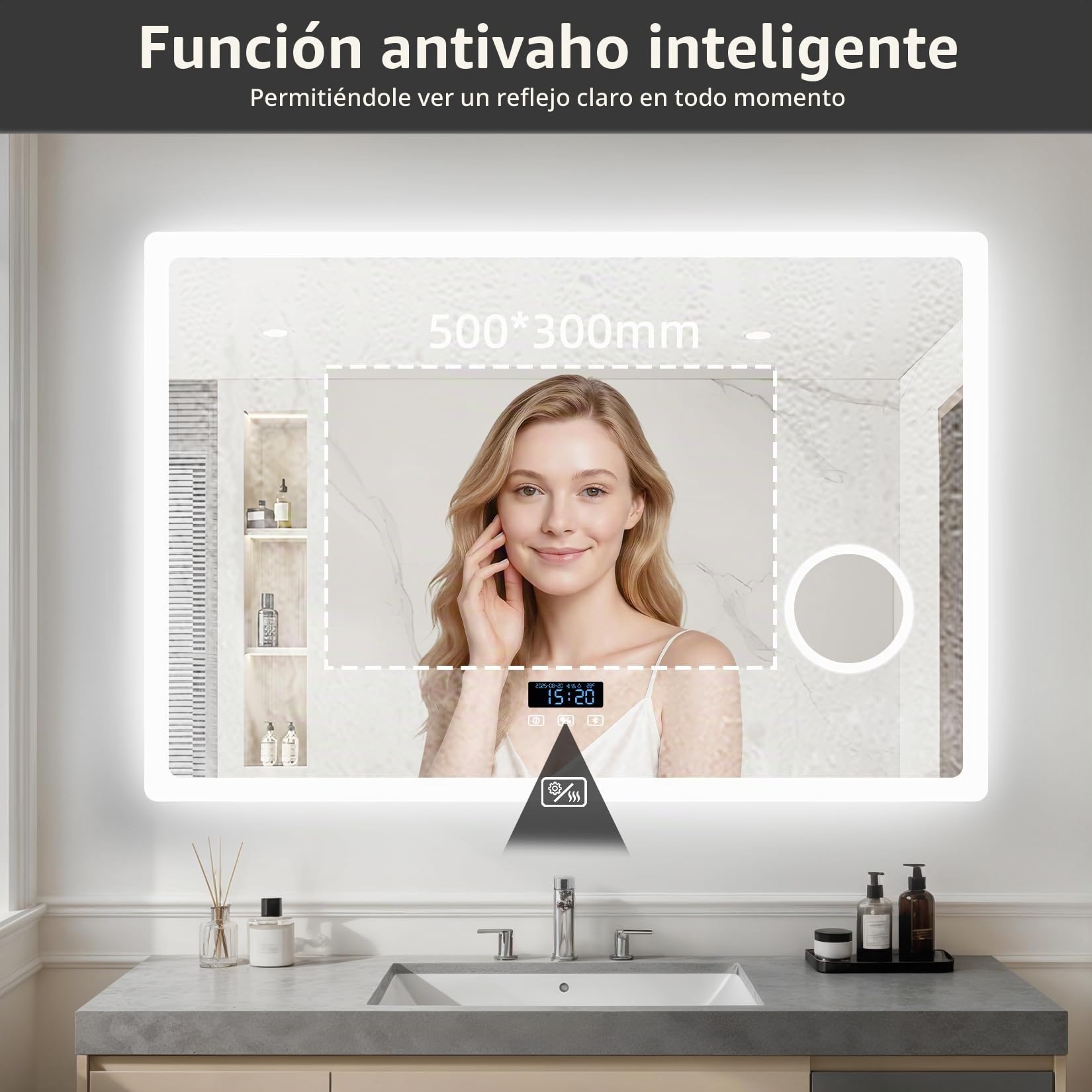 LUVODI Espejo de Baño Pared Bluetooth 100x70 cm con 3X Aumento Luz LED Retroiluminado Espejo Baño Grande Moderno con Interruptor Táctil Función Antivaho Memoria, Impermeable, CRI>97,CE