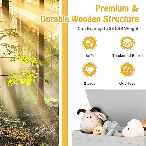 Miniatura 7 de Costzon Caja de juguetes de madera para niños, baúl y banco de almacenamiento para niños con tapa abatible, bisagras, organizador de almacenamiento