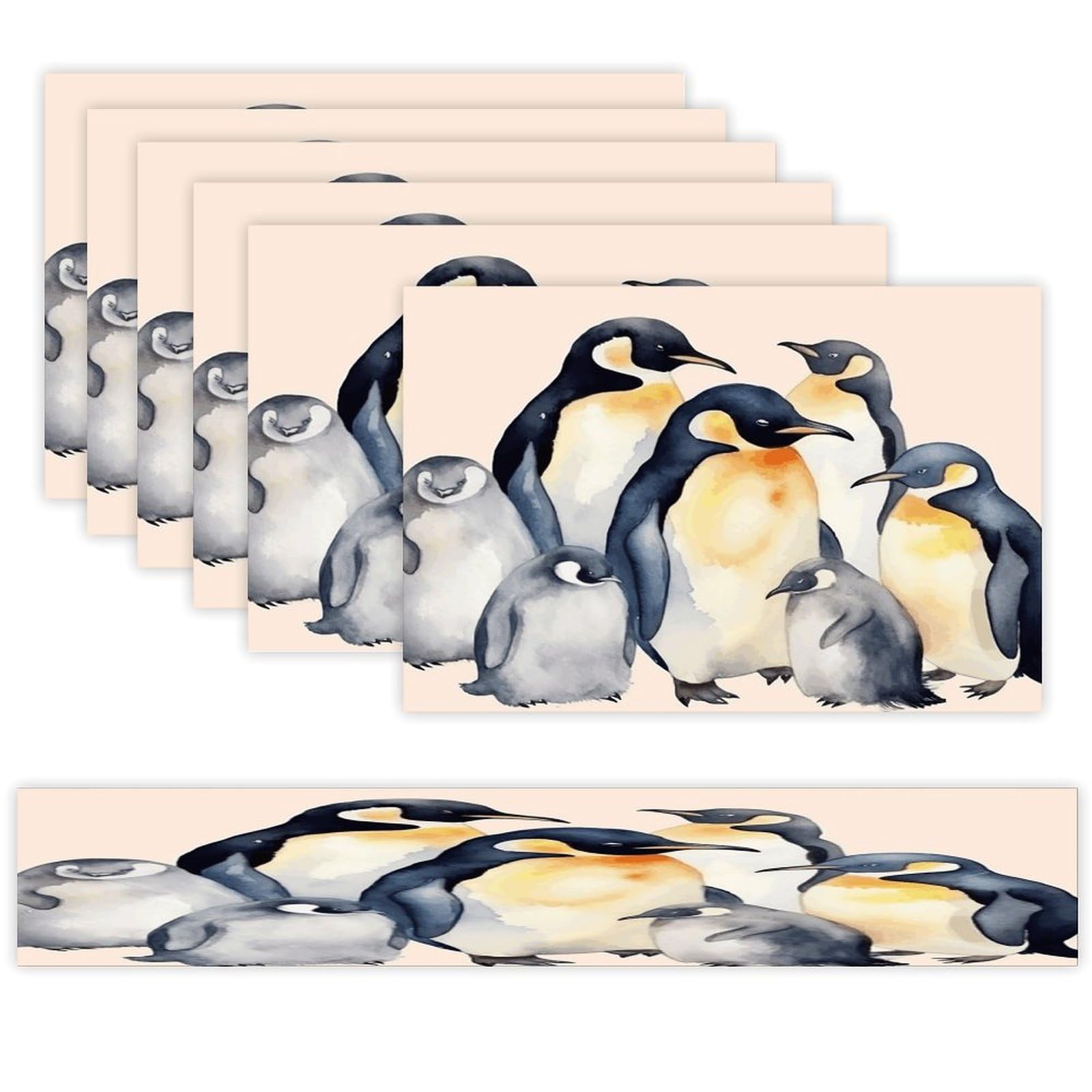 Animal Penguins Watercolor Pattern Table Runner and Placemats Set of 6 Wipe Clean Heat Resistant Table Mat with Table Runner Decorations Flax Linen Place Mat Set for Home Kitchen Party Supplies