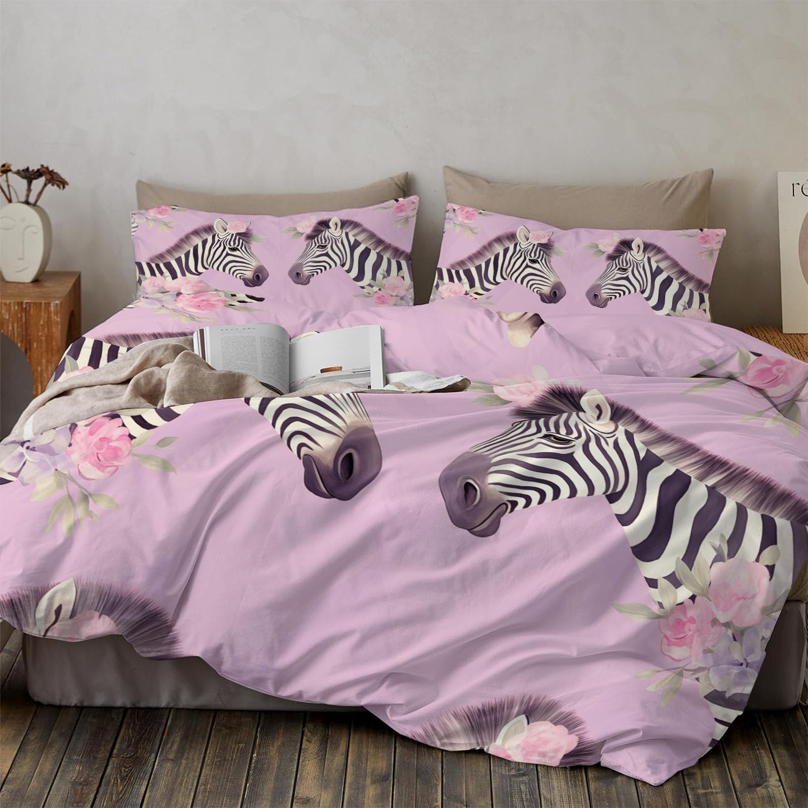 Parure de couette enfant microfibre respirante 200x200 rose avec motif animal rigolo