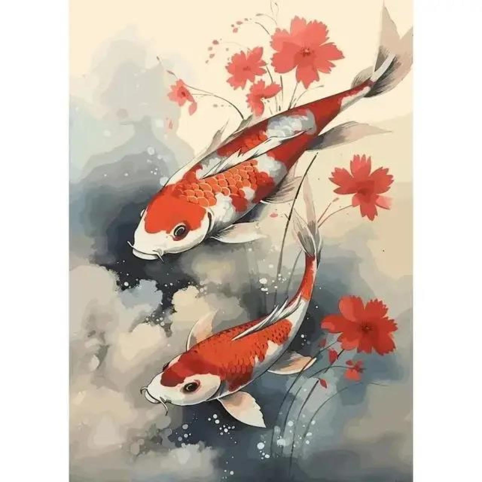 SHINERING Red Koi Fish Golden Carp With Lotus Flower Landscape Canvas Painting Wall Art Poster Prints Picture For Living Room Decor A13 21X30Cm Unframed