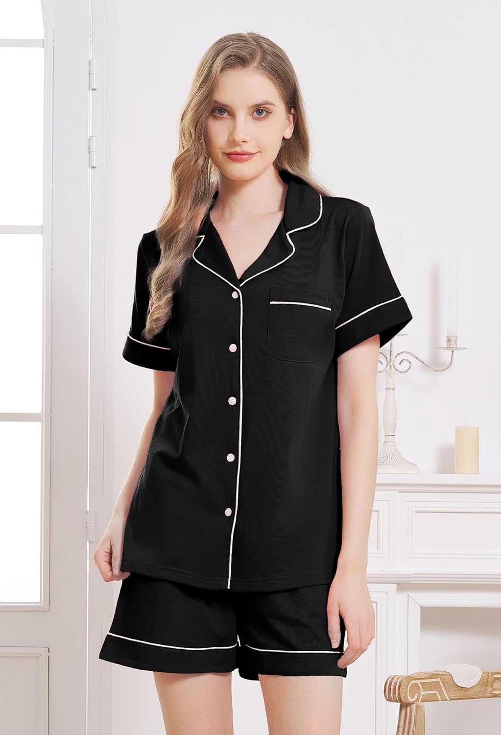 HEARTNICE Pajamas for Women, Button Down Pajama Shorts Set Summer Solid Pjs Sets - Image 3