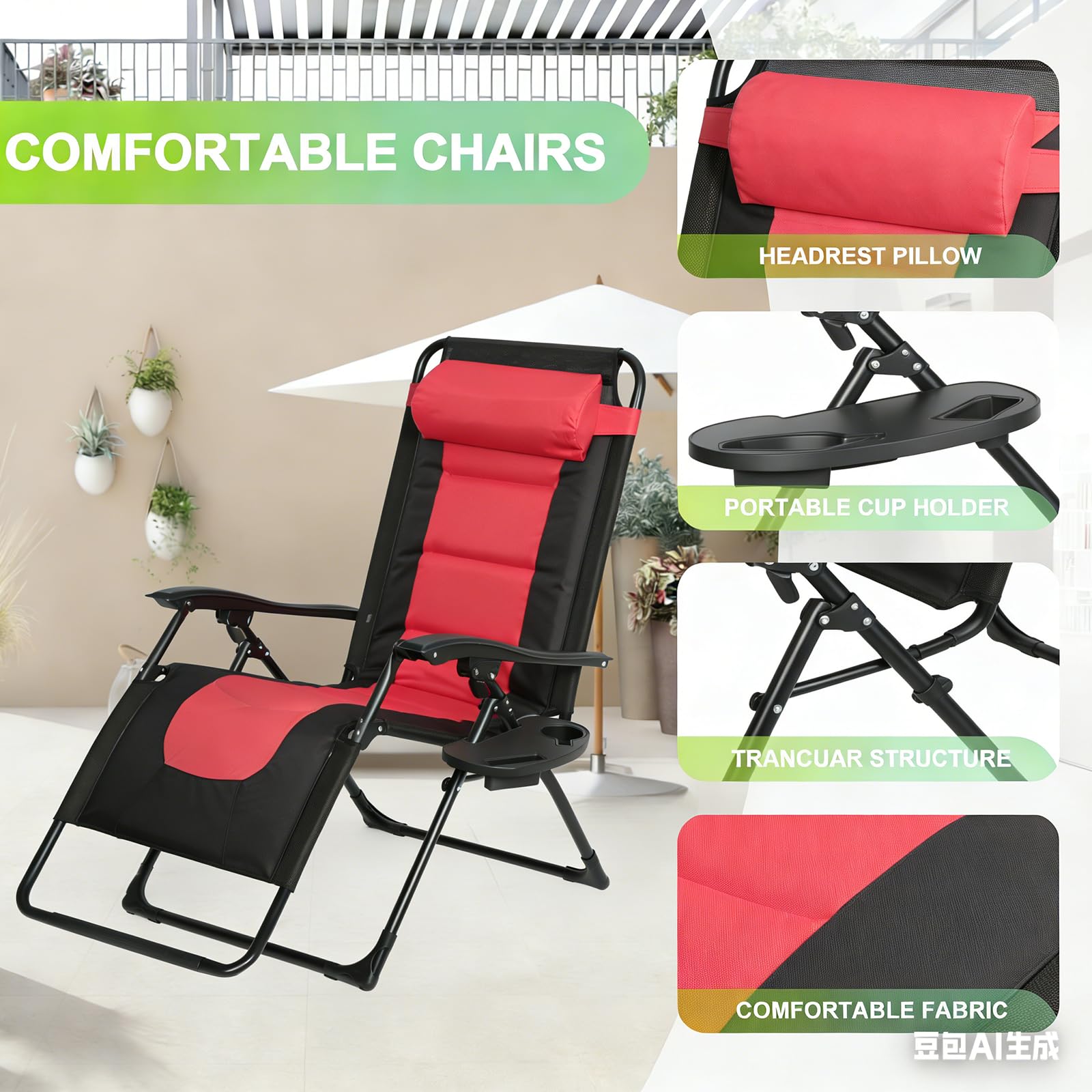 Sdraio Pieghevole, Relax Giardino Sedia Gravità Zero con Cuscino, Sdraio Lettino Prendisole Richiudibile, con Struttura in Acciaio e Poggiatesta Rimovibile, per Giardino Terrazza, Carico 150kg