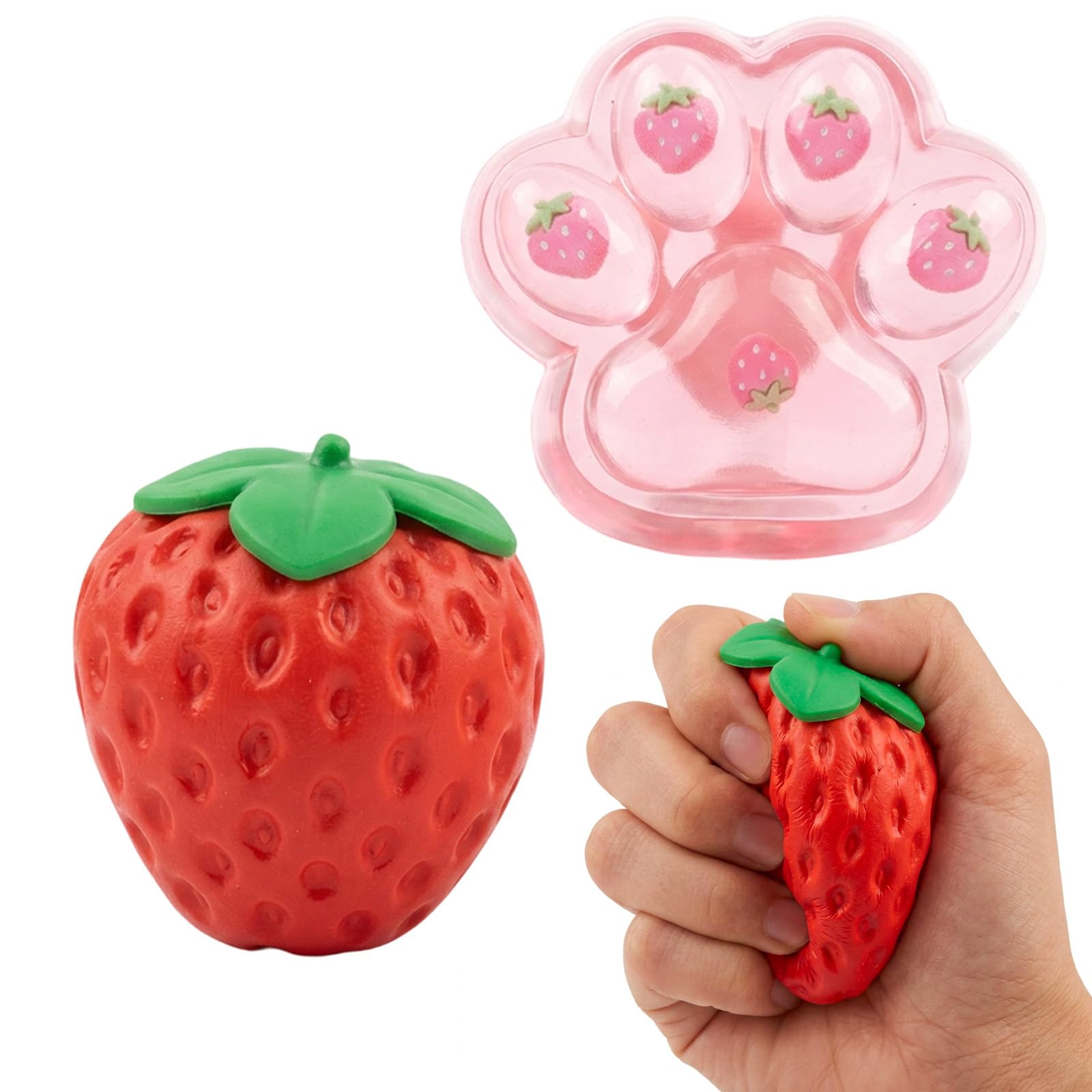 2Pcs Strawberry Squishy Set, Slow Rebound Cat Paw and Fruit Fidget Toys for Desk Decoration and Office Breaks