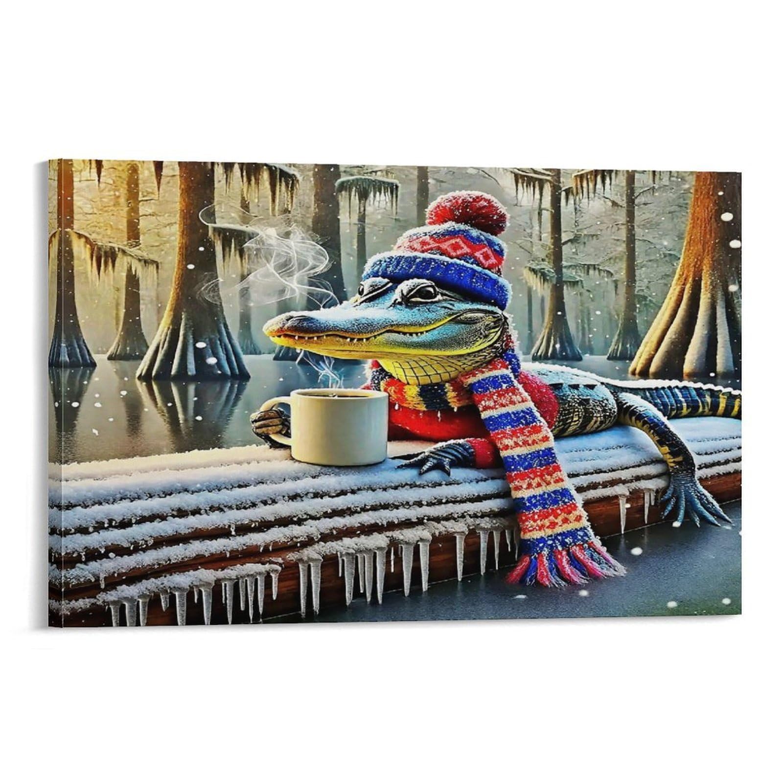 CPLVKWRQJ Crocodile in Winter Hat Individual Winter Alligator with Mug Canvas Wall Decor - Nursery Wall Hanging Space Saving Removable Ready to Hang 20x30inch(50x75cm)