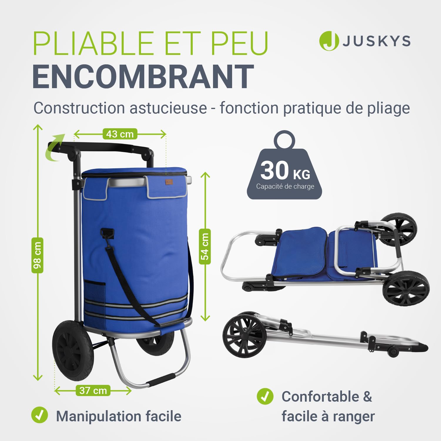 Juskys Chariot de Courses 3 en 1 avec 2 Roues pour Le Shopping - Sac Amovible de 56 L - Chariot Pliable & Moderne - Chariot de Courses Bleu foncé
