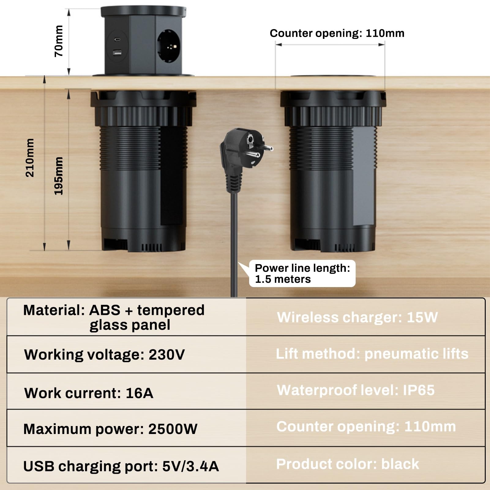 DEWIN Multipresa a Scomparsa,2500W 16A Presa a Scomparsa 3 Scomparti con 1 USB C e USB A,Torretta Multipresa a Scomparsa con Ricarica Wireless da 15W,Cavo da 1,5M per Ufficio, Lavoro e Cucina(EU)