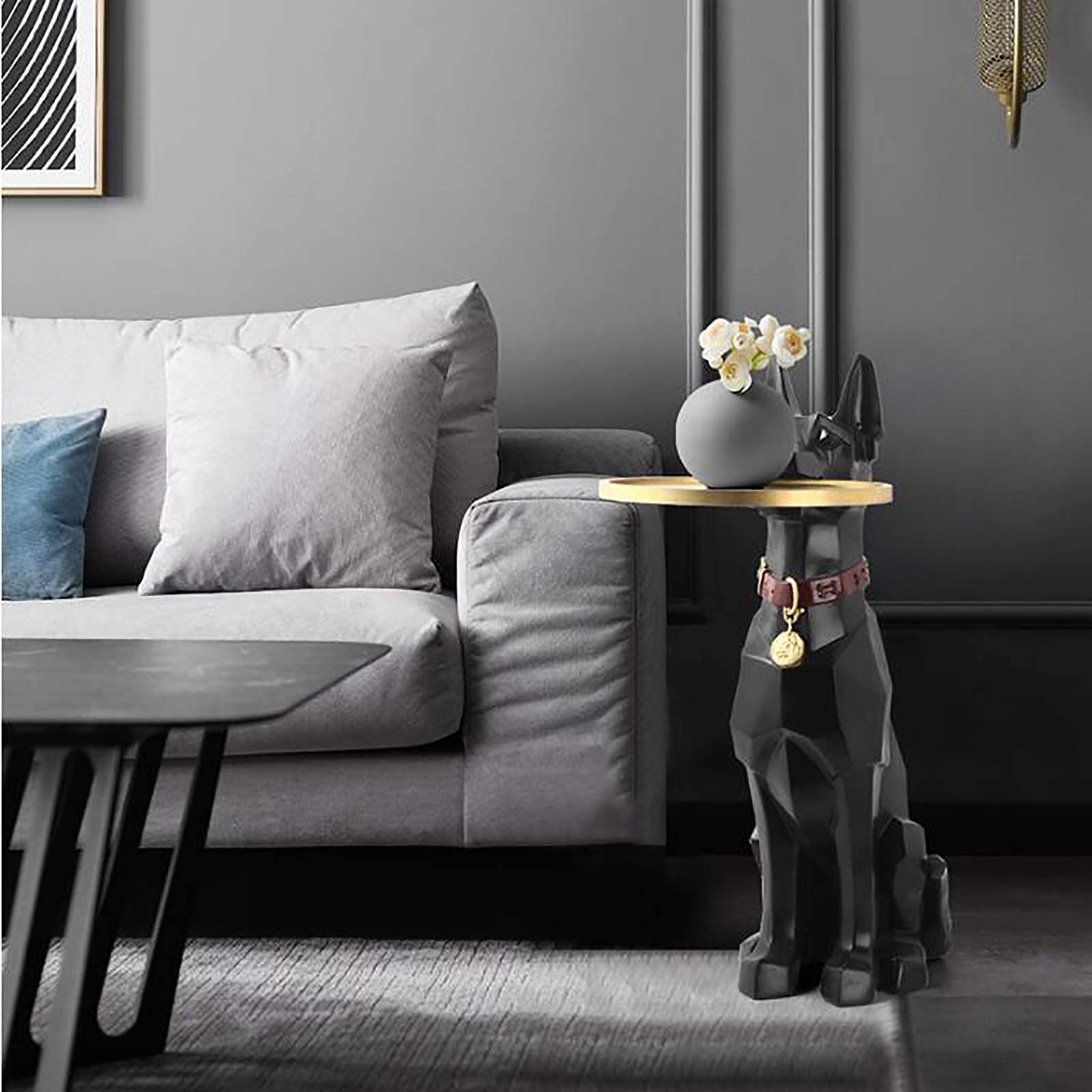 Tavolino Cane Geometrico In Resina - Portafazzoletti Con Vassoio Metallico
