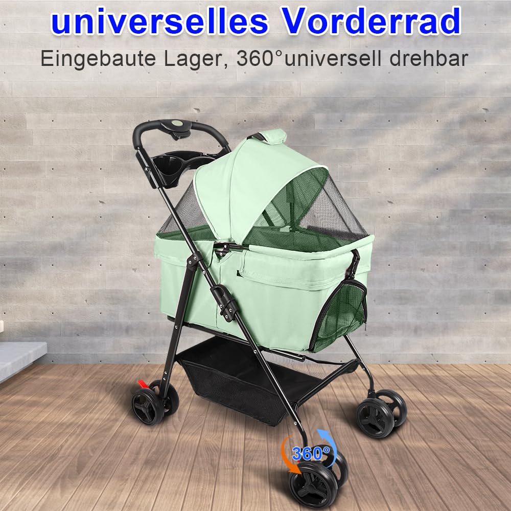 OHMG Faltbarer Buggy für Tiere, faltbar, für Hunde und Katzen, Getränkehalter, Aufbewahrungskorb, inklusive Rollen mit Bremse, 600D Oxford-Stoff, mit abnehmbarer Babywanne, faltbare Transportbox