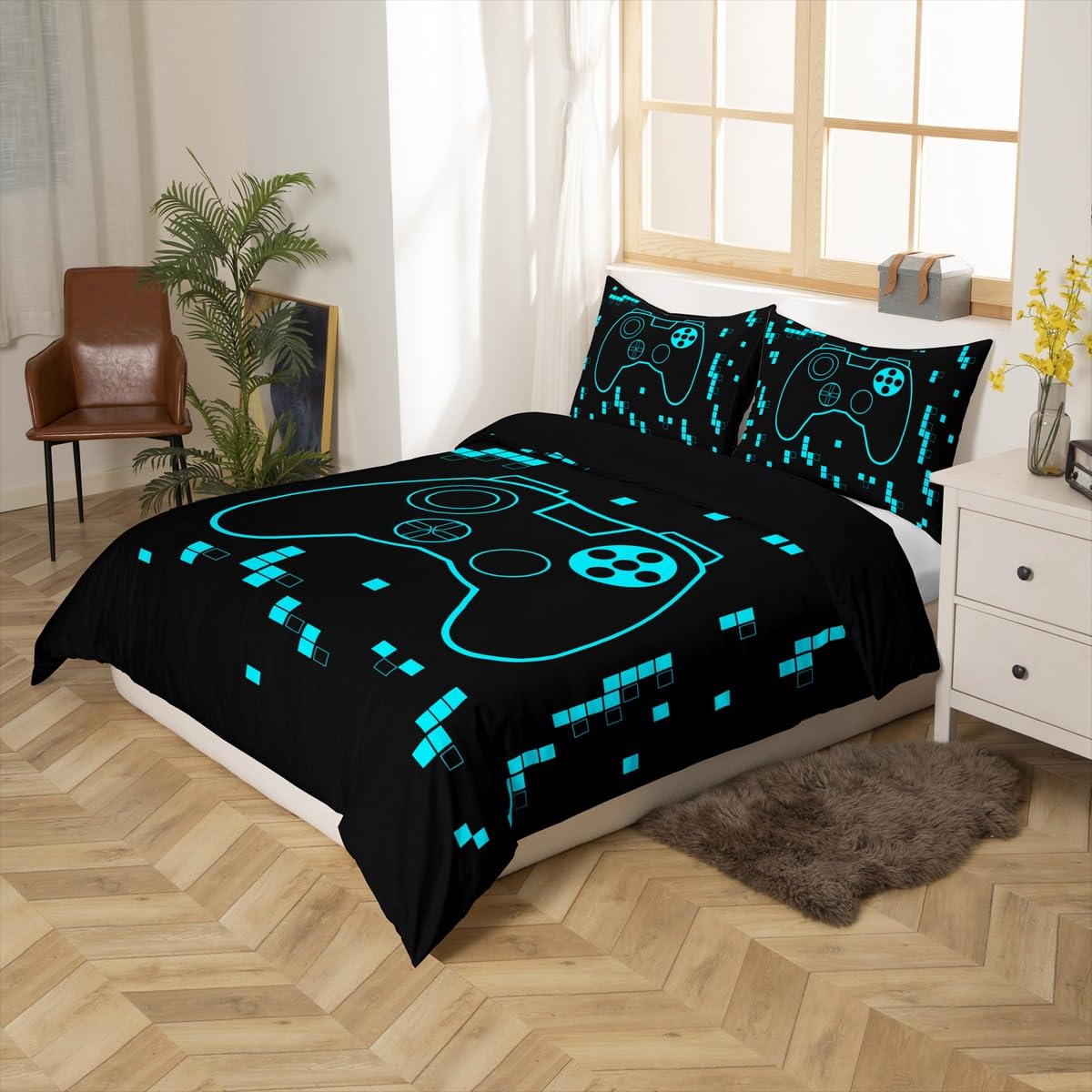 jejeloiu Gamer Bedding Set 2Pcs Toddler Size Kids Video Game Gamepad Comforter Cover for Boys Girls Building Blocks Duvet Cover Soft Lightweight,Teal Microfiber,No Stuffing