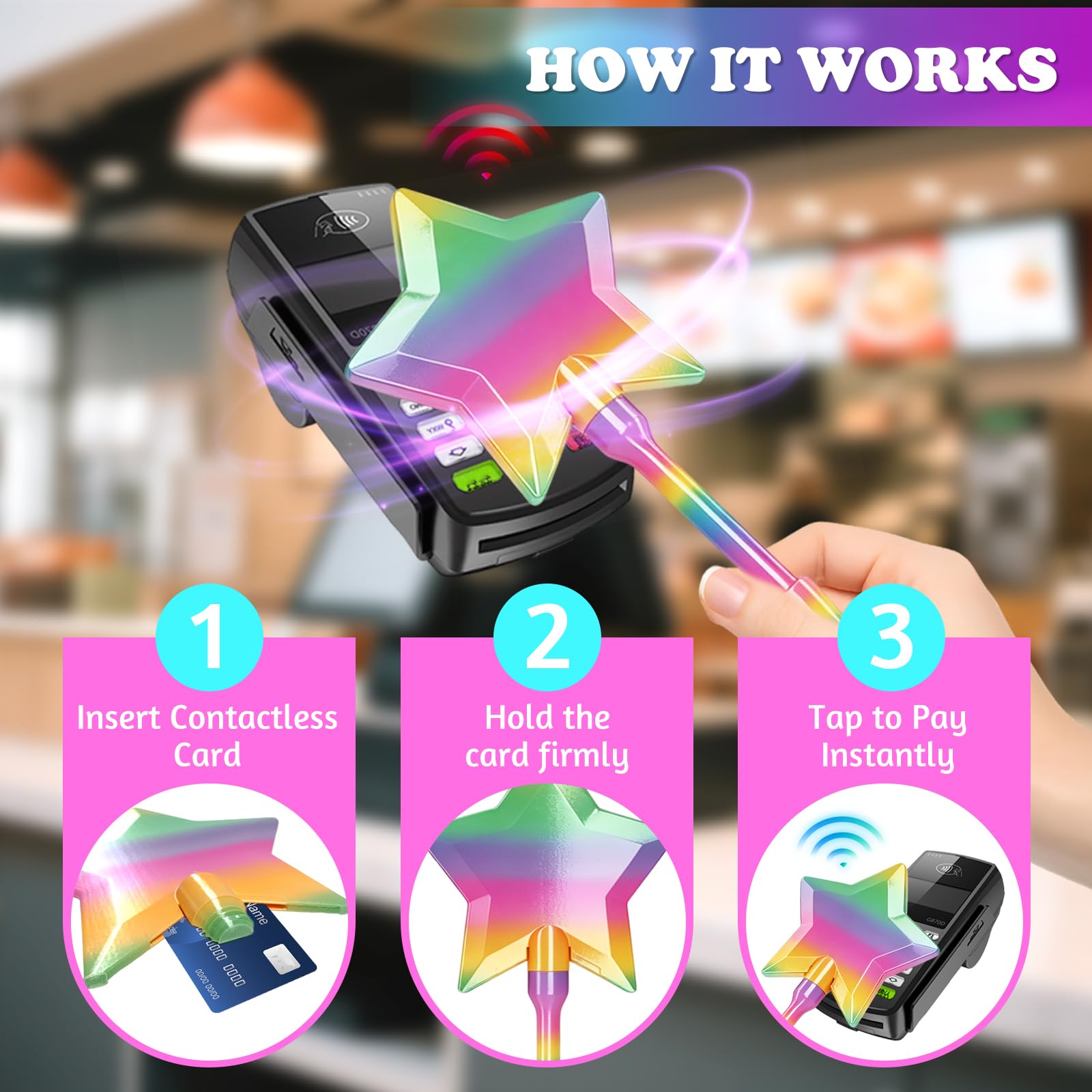 TOGETDREAM Magiczna różdżka z nadrukiem 3D, gwiazda różdżka magiczna różdżka karty kredytowej, różdżka z uchwytem na kartę kredytową, dotknij, aby zapłacić za dzieci, nastolatki i dorosłych (tęcza)